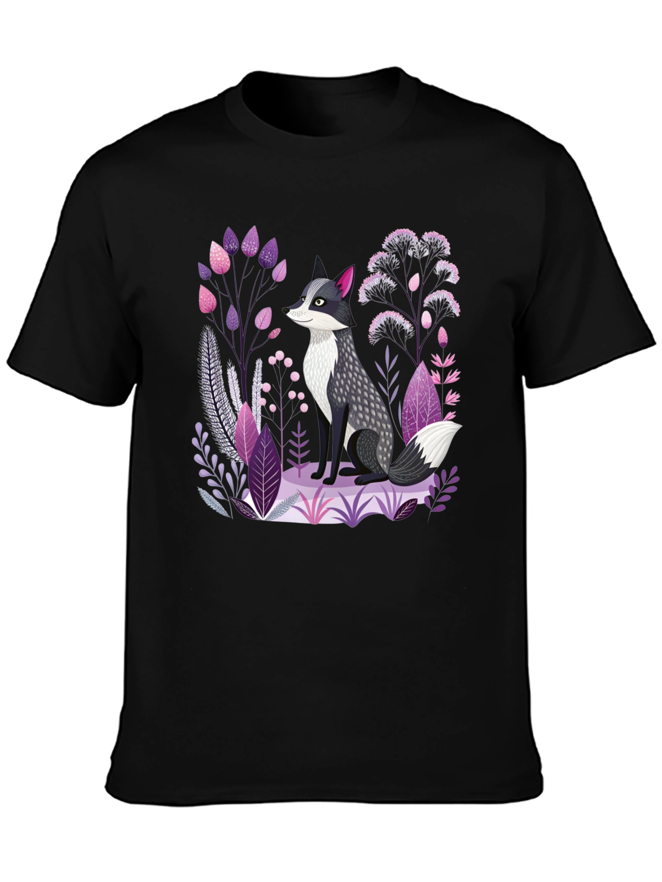 Black Fox & Floral Graphic Print Black T-Shirt view 3