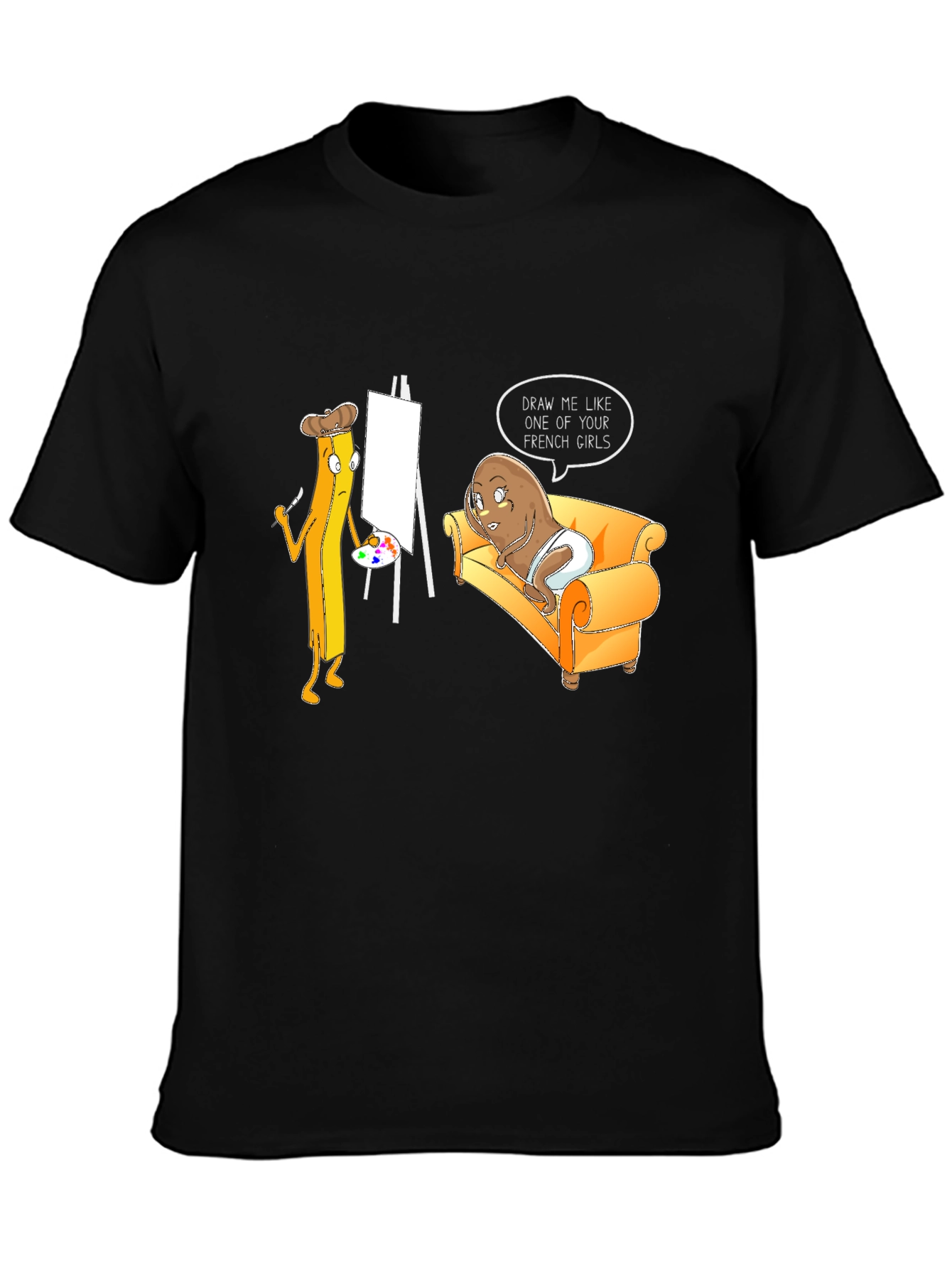 Black Funny Potato and Fries Art T-Shirt view 3