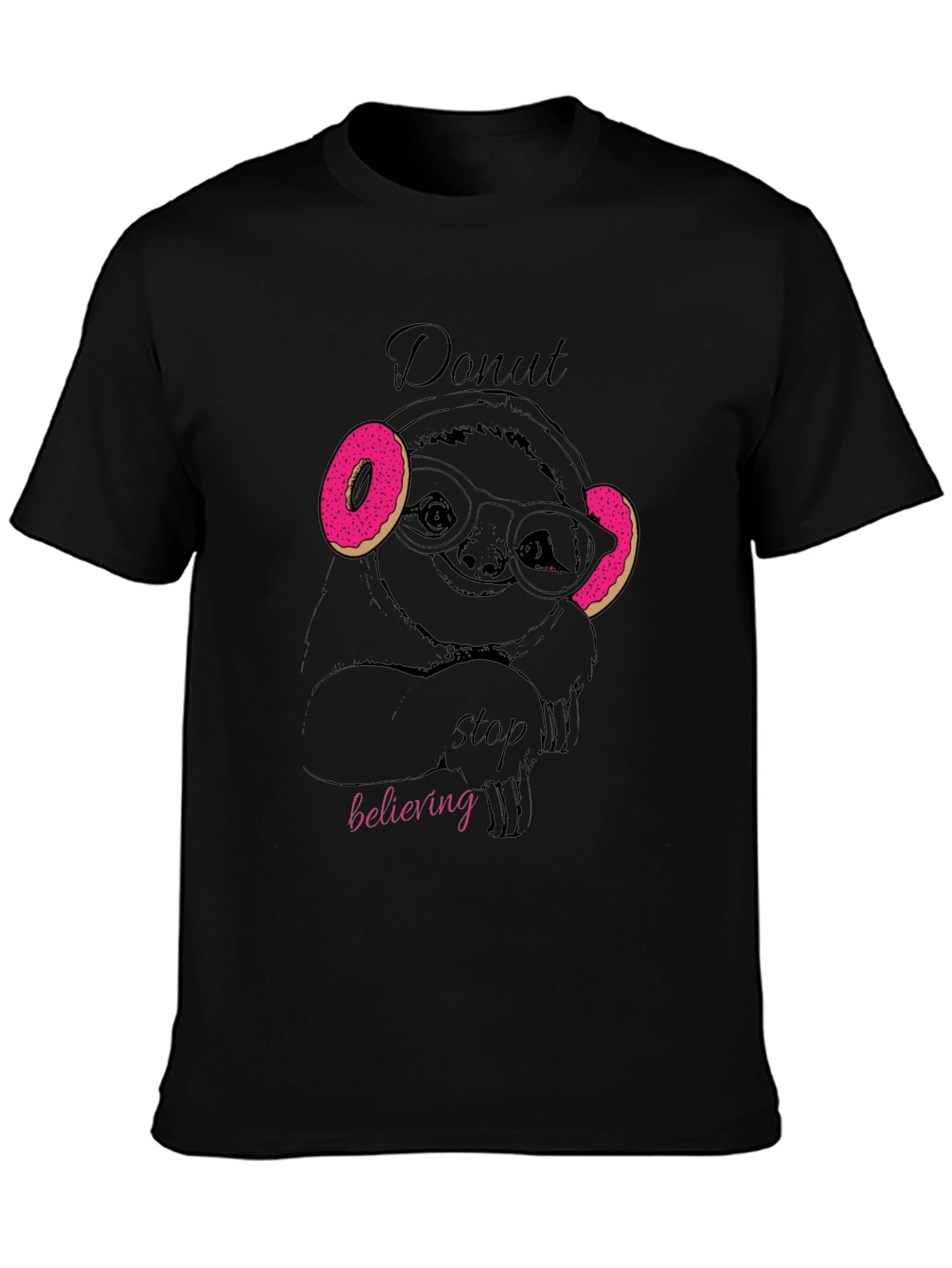 Black Donut Stop Believing Sloth T-Shirt - Funny Graphic Tee view 3