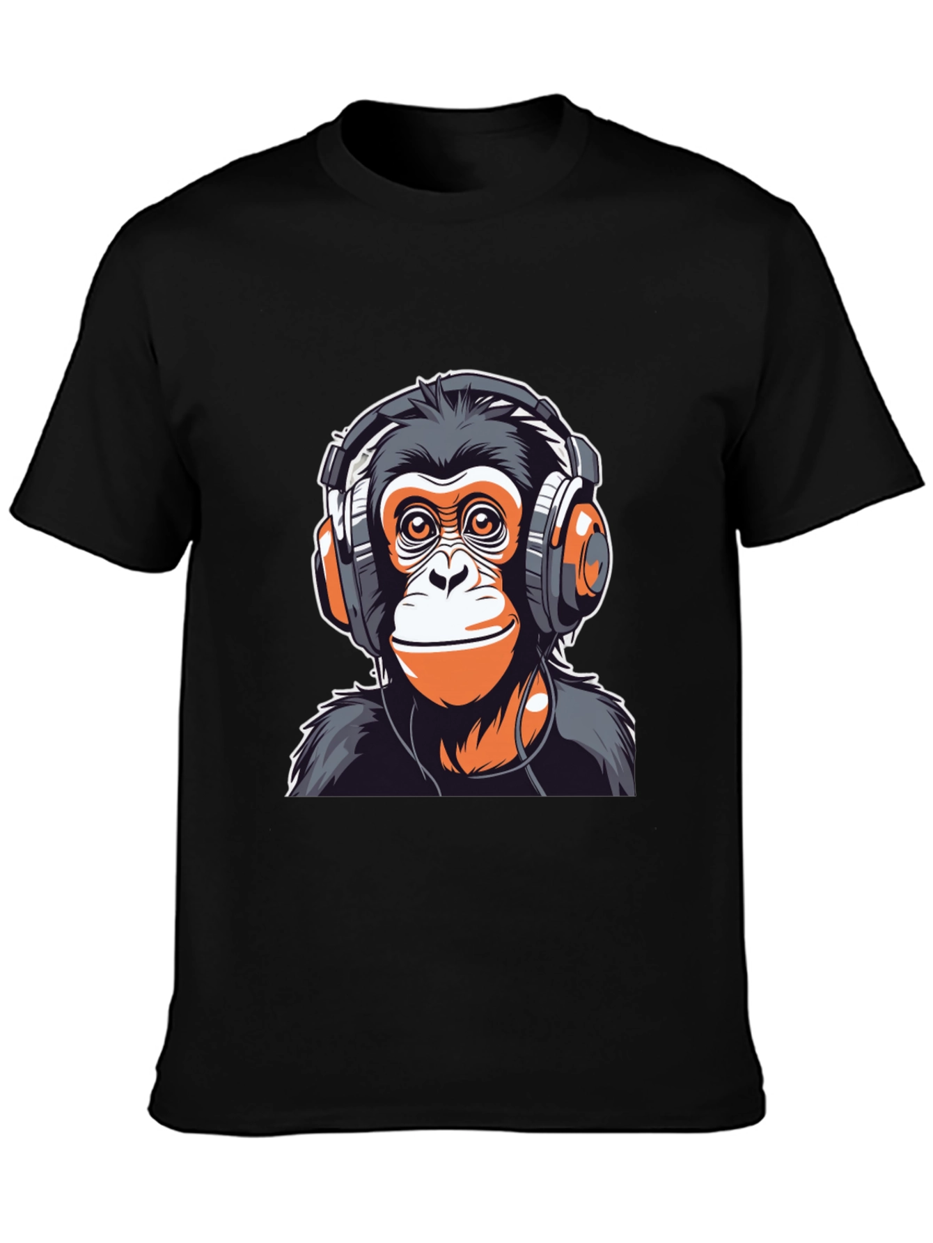 Black Cool Monkey Headphones Graphic Tee view 3