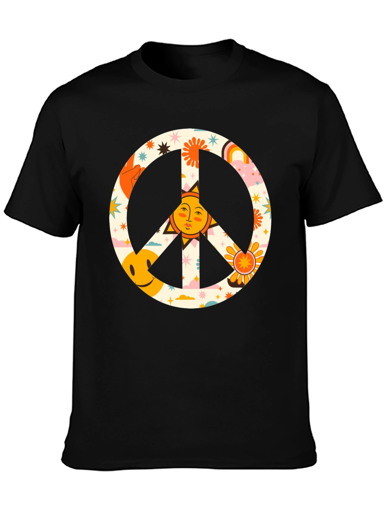Black Groovy Peace Sign Graphic Tee - Retro Style view 3