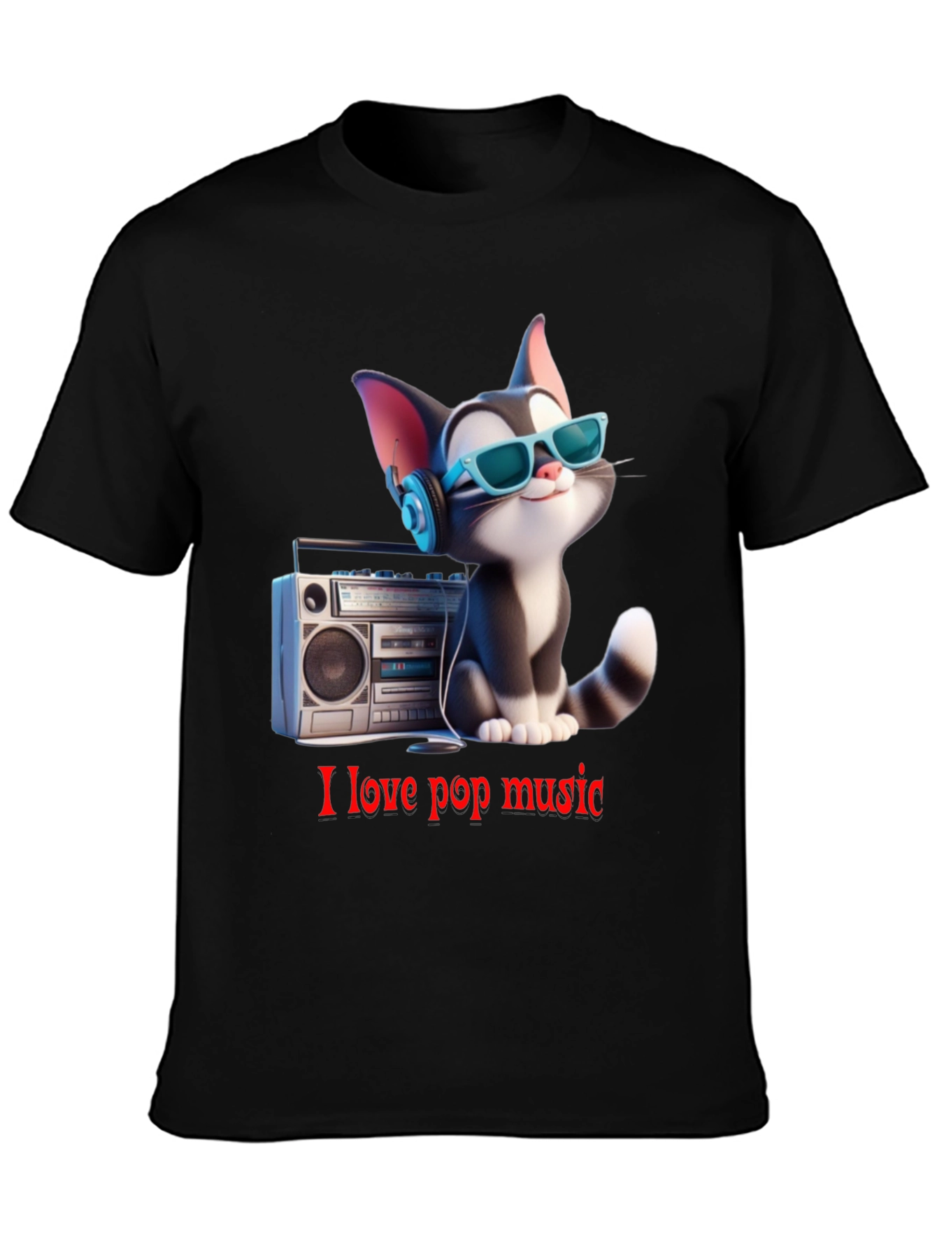 Black Cool Cat Loves Pop Music T-Shirt view 3