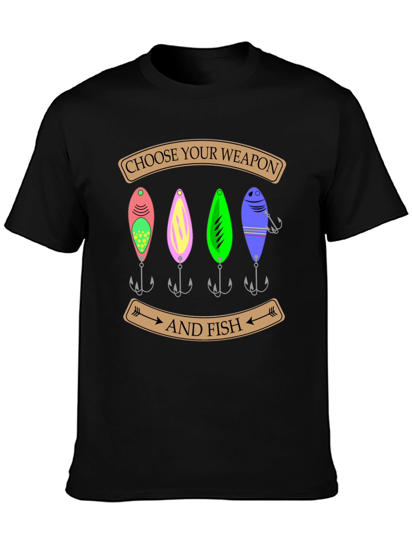 Black Choose Your Weapon and Fish T-Shirt view 3