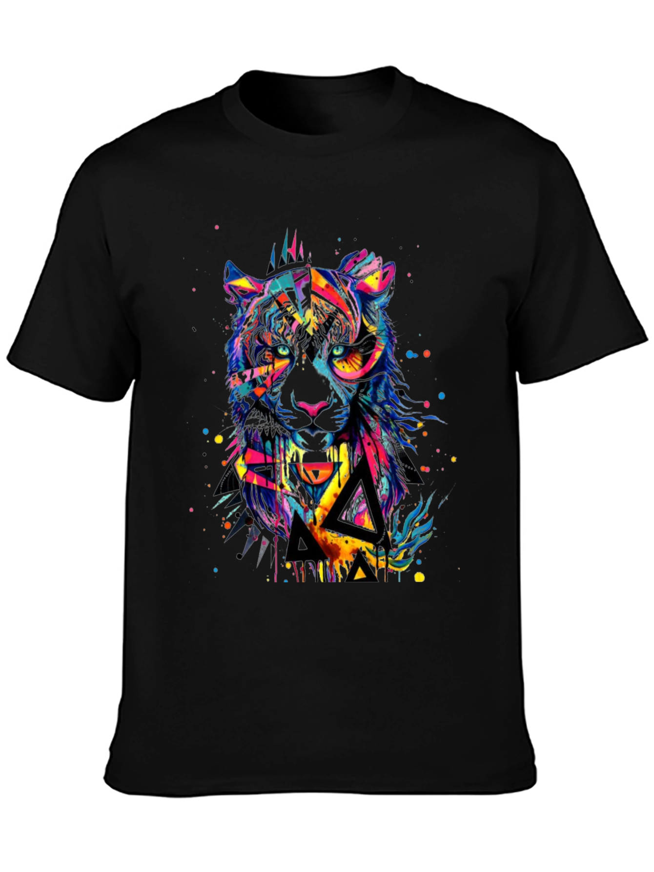 Black Colorful Geometric Tiger Graphic T-Shirt view 3