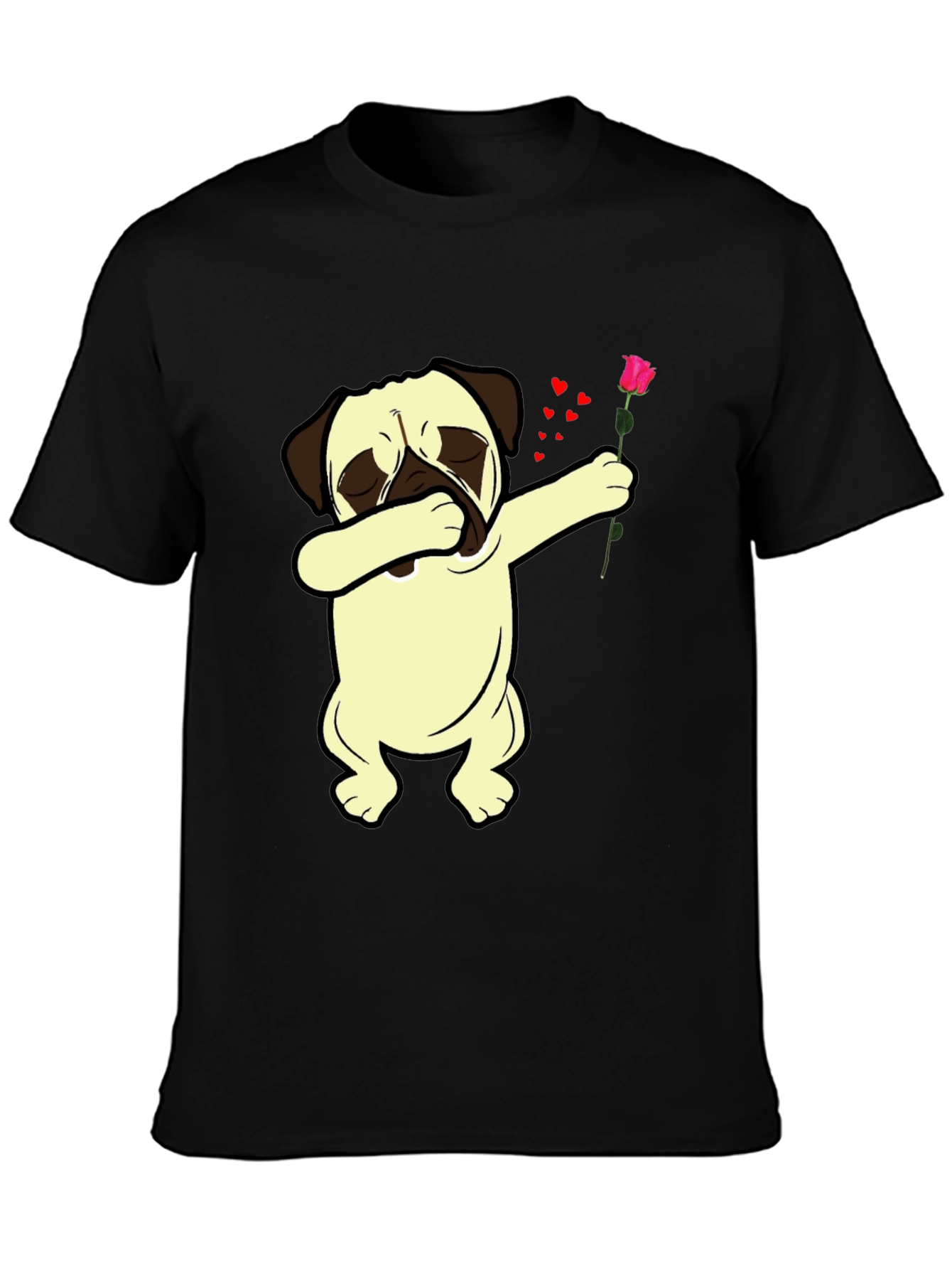 Black Dabbing Pug T-Shirt with Rose view 3