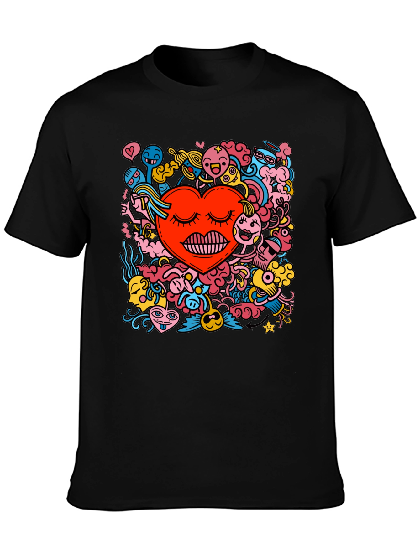 Black Heart Doodle Graphic Tee - Black Cotton Casual T-Shirt view 3