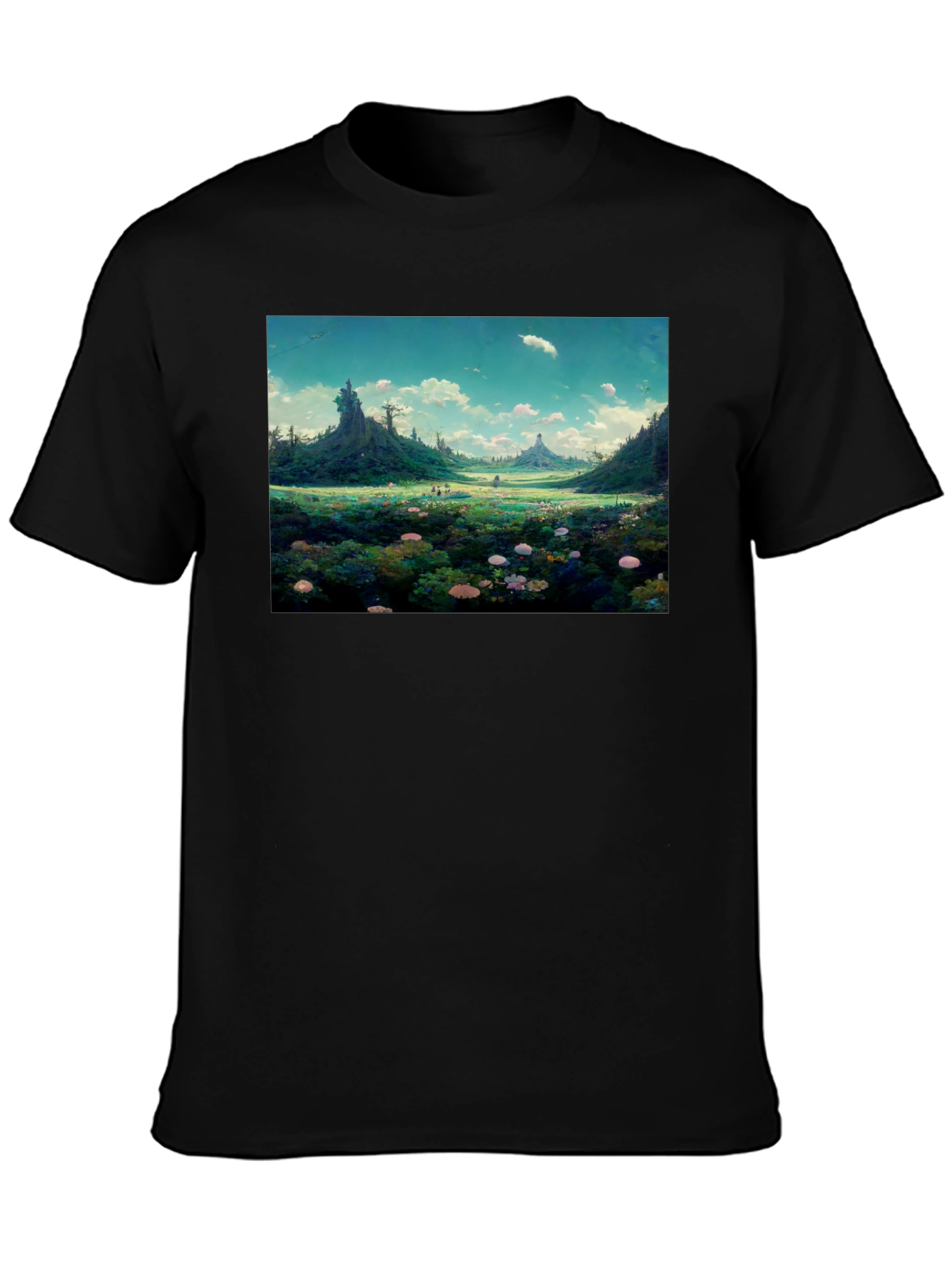Black Whimsical Landscape Graphic Tee - Nature Lover's Shirt view 3