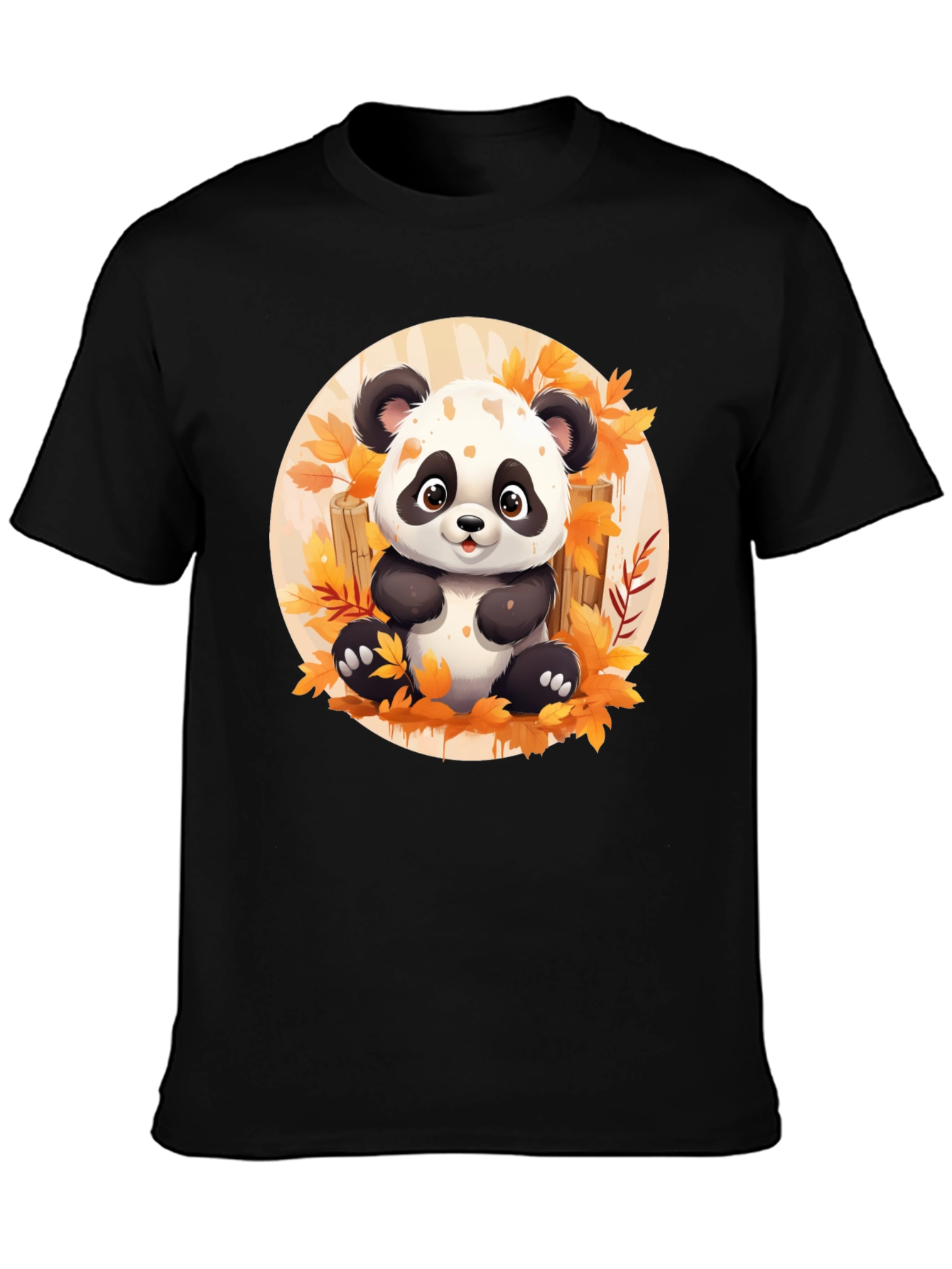 Black Cute Panda T-Shirt - Autumn Leaves Design view 3