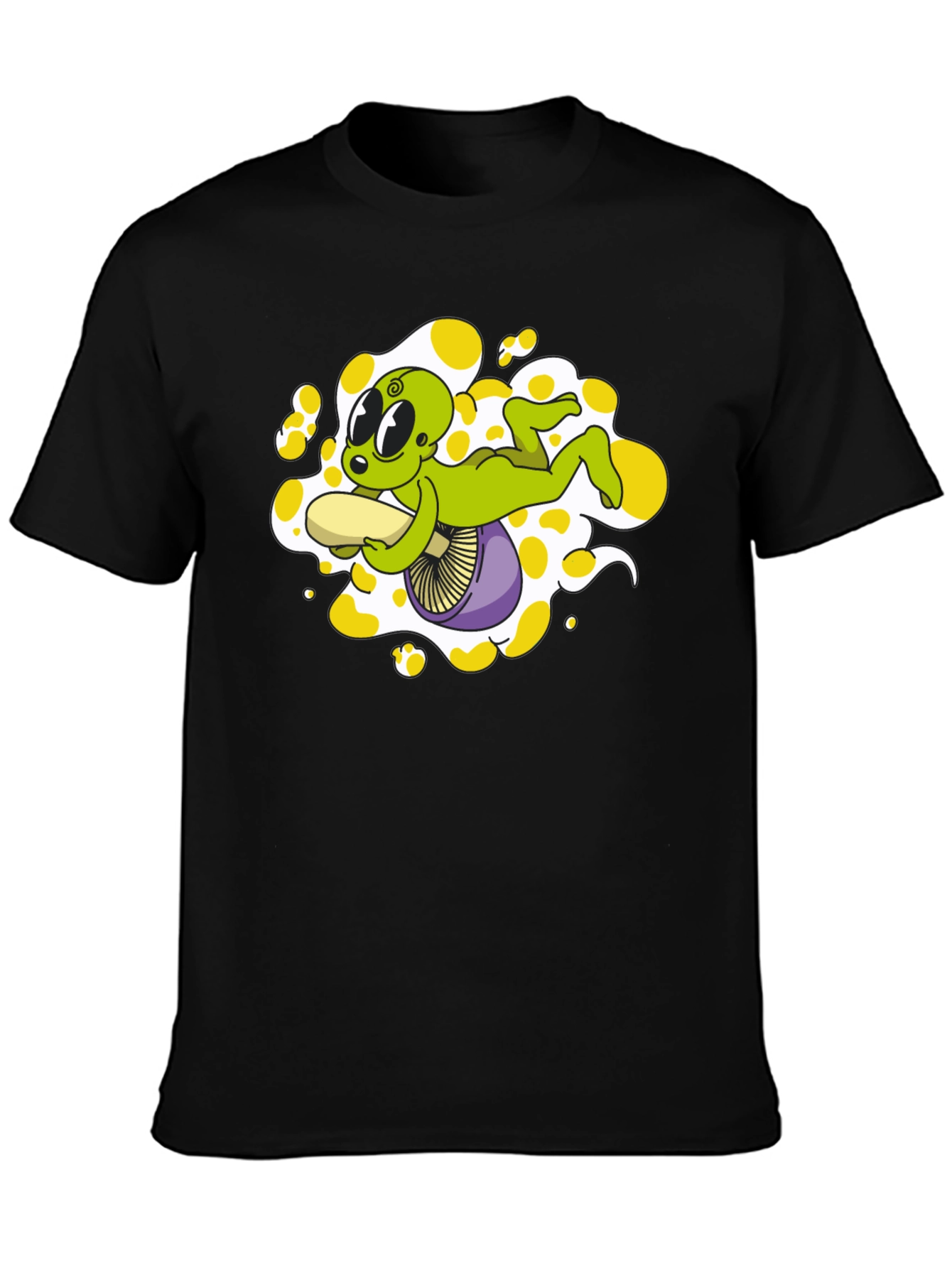 Black Alien Riding Mushroom Graphic Tee - Black Cotton T-Shirt view 3