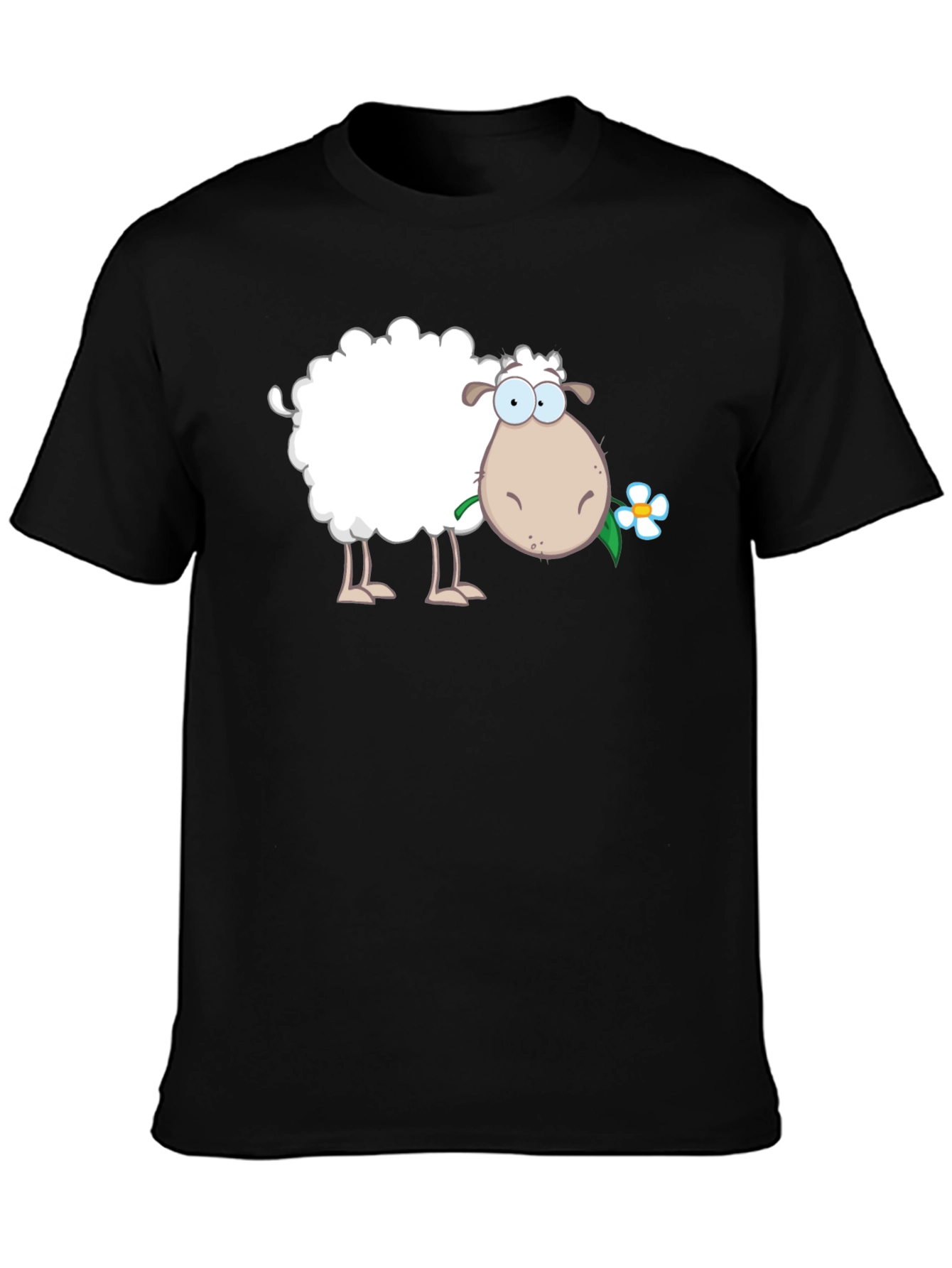 Black Funny Sheep with Flower Black T-Shirt view 3