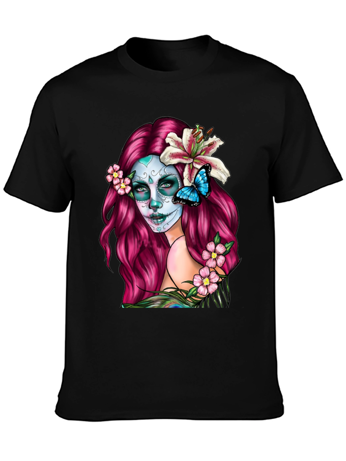Black Sugar Skull Woman Graphic T-Shirt - Day of the Dead view 3