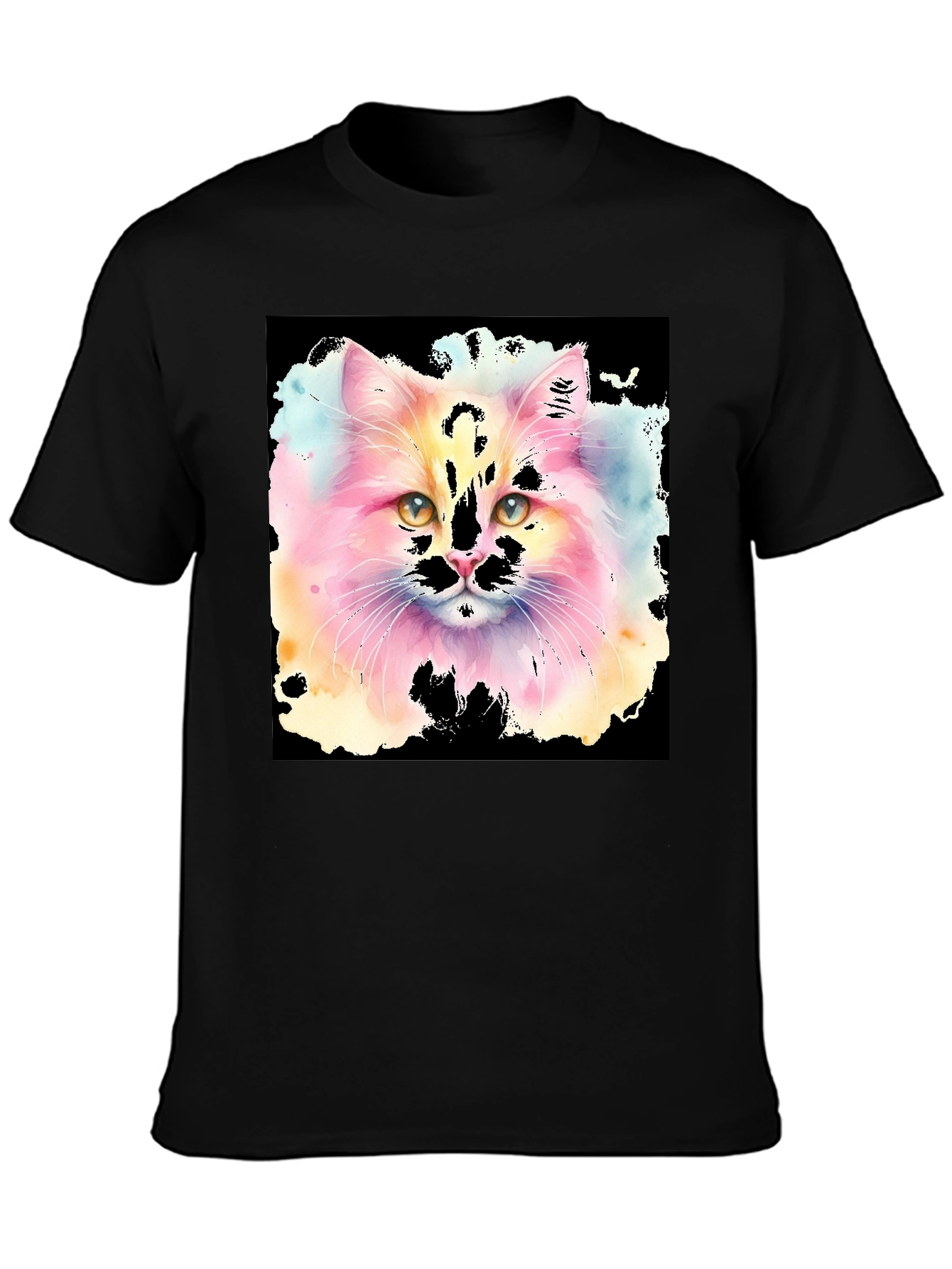 Black Watercolor Cat Graphic Tee - Black Cotton T-Shirt view 3