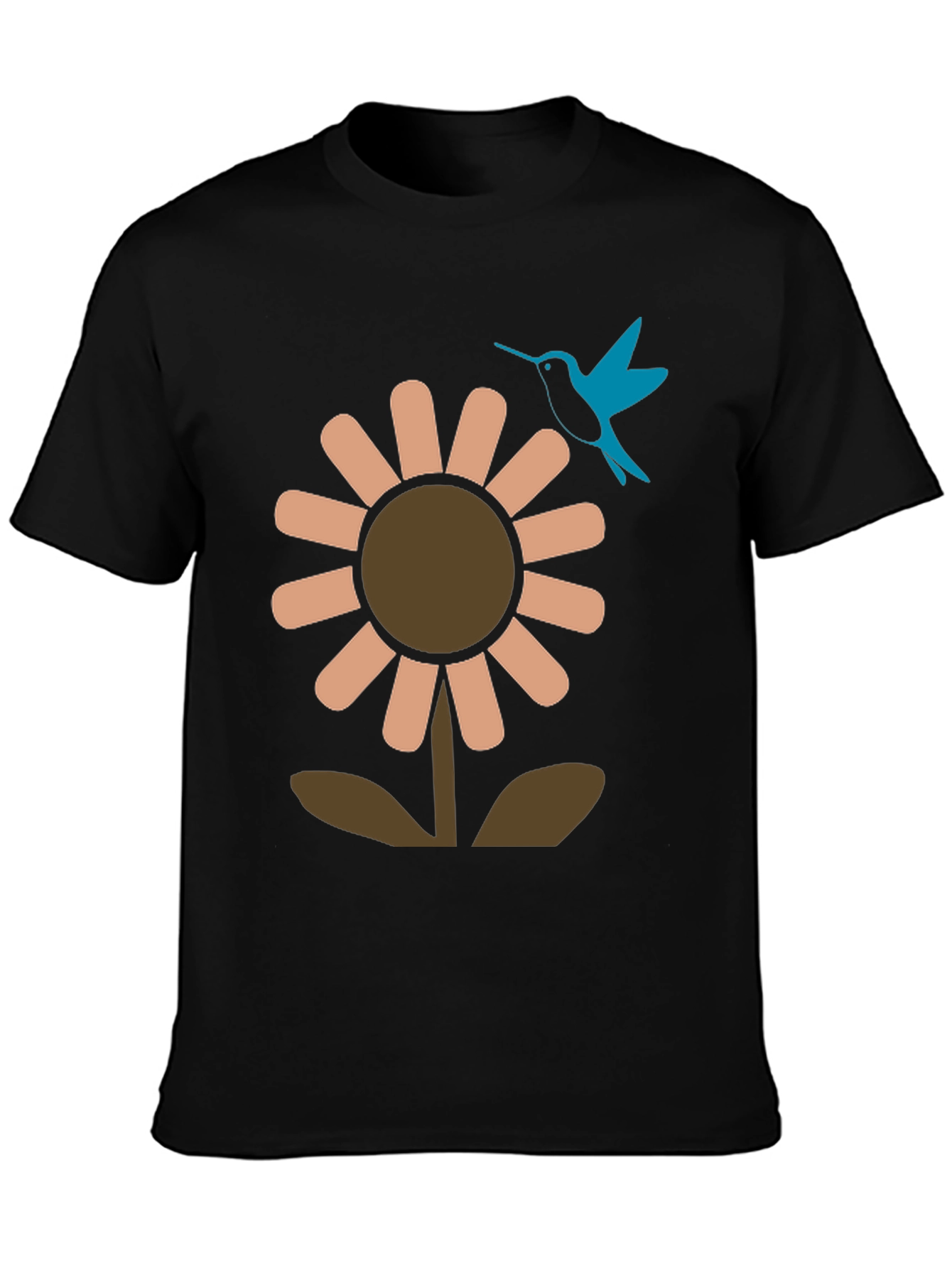 Black Black Graphic Tee: Flower & Hummingbird Design view 3