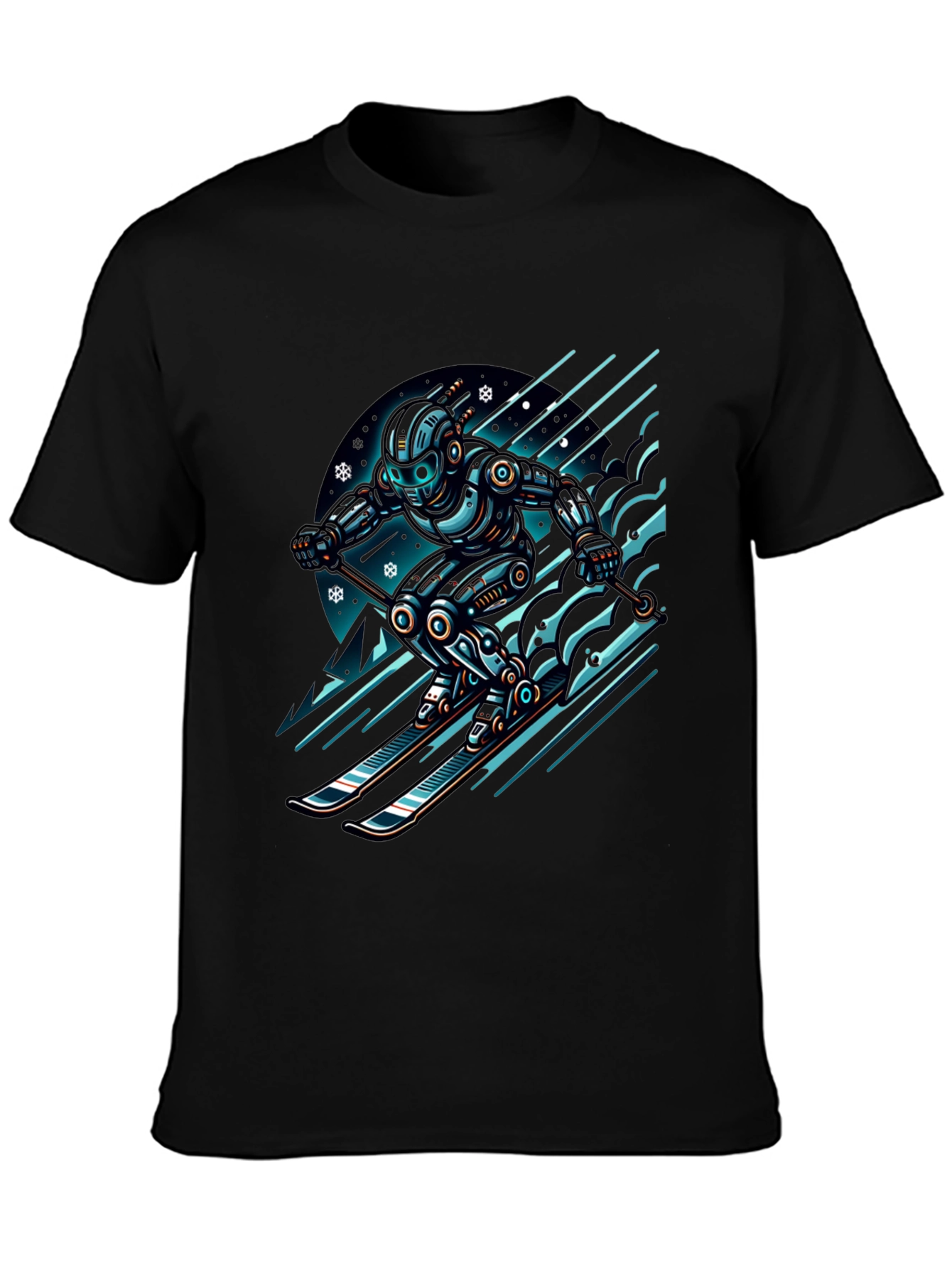 Black Robot Skier Graphic Tee - Black Cotton T-Shirt view 3