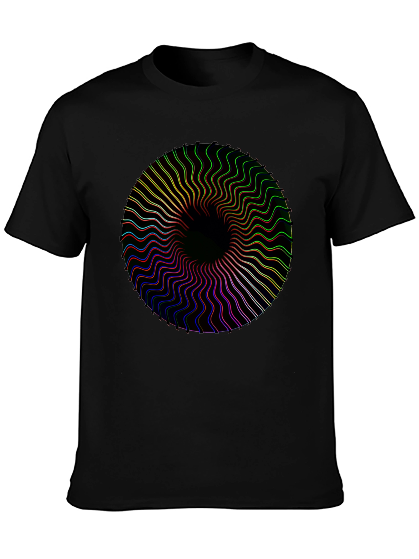 Black Vortex Tee: Black Shirt with Psychedelic Circle Design view 3