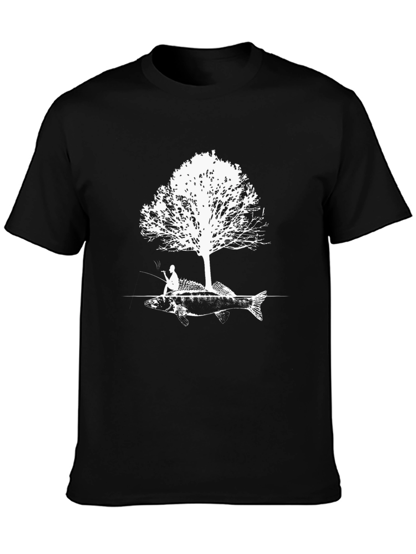 Black Fishing Tee: Fisherman Tree Fish Graphic T-Shirt view 3