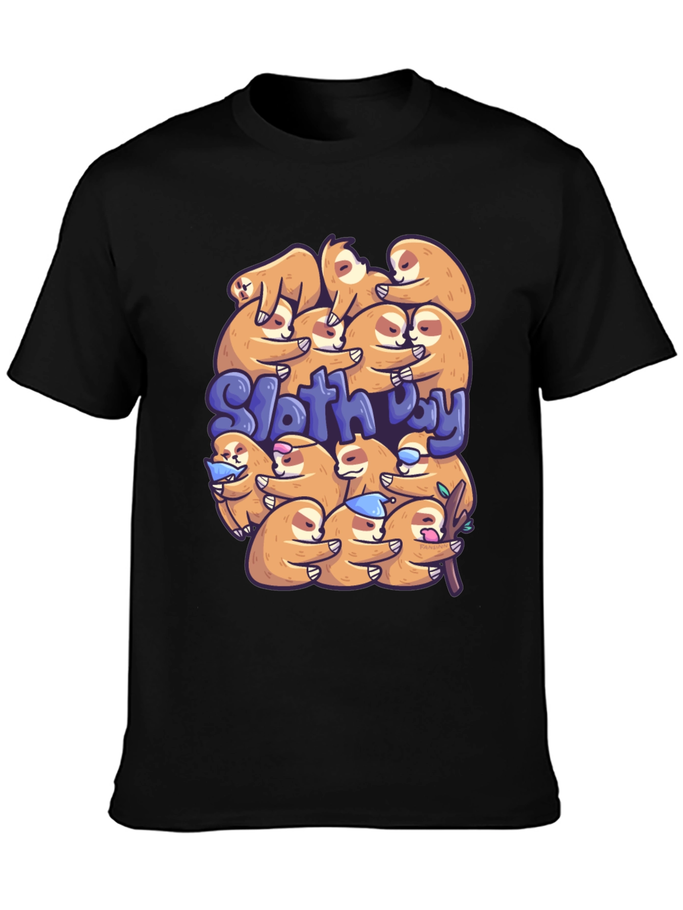 Black Cute Sloth Day T-Shirt view 3