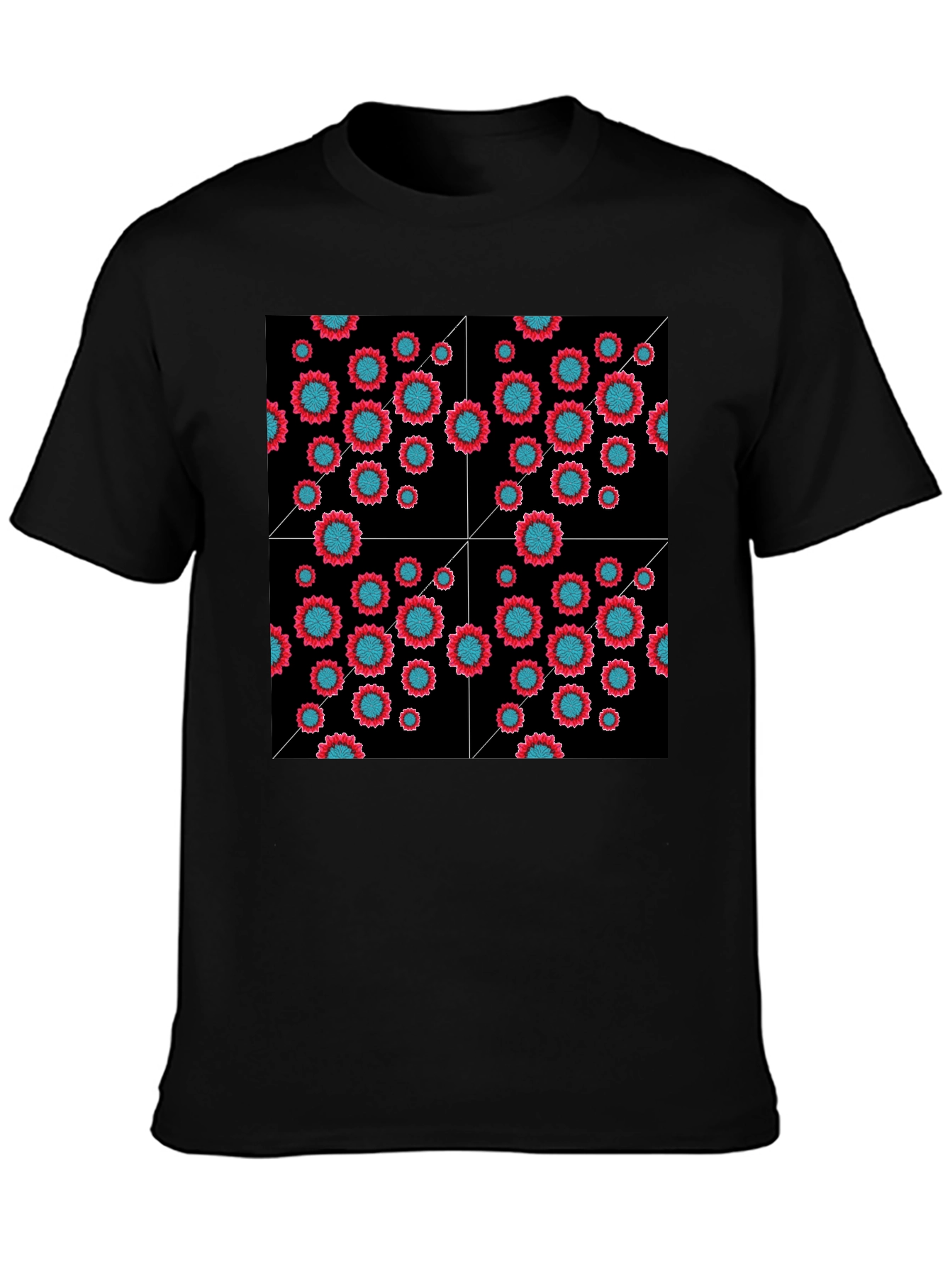 Black Floral Grid Black T-Shirt - Modern Geometric Style view 3