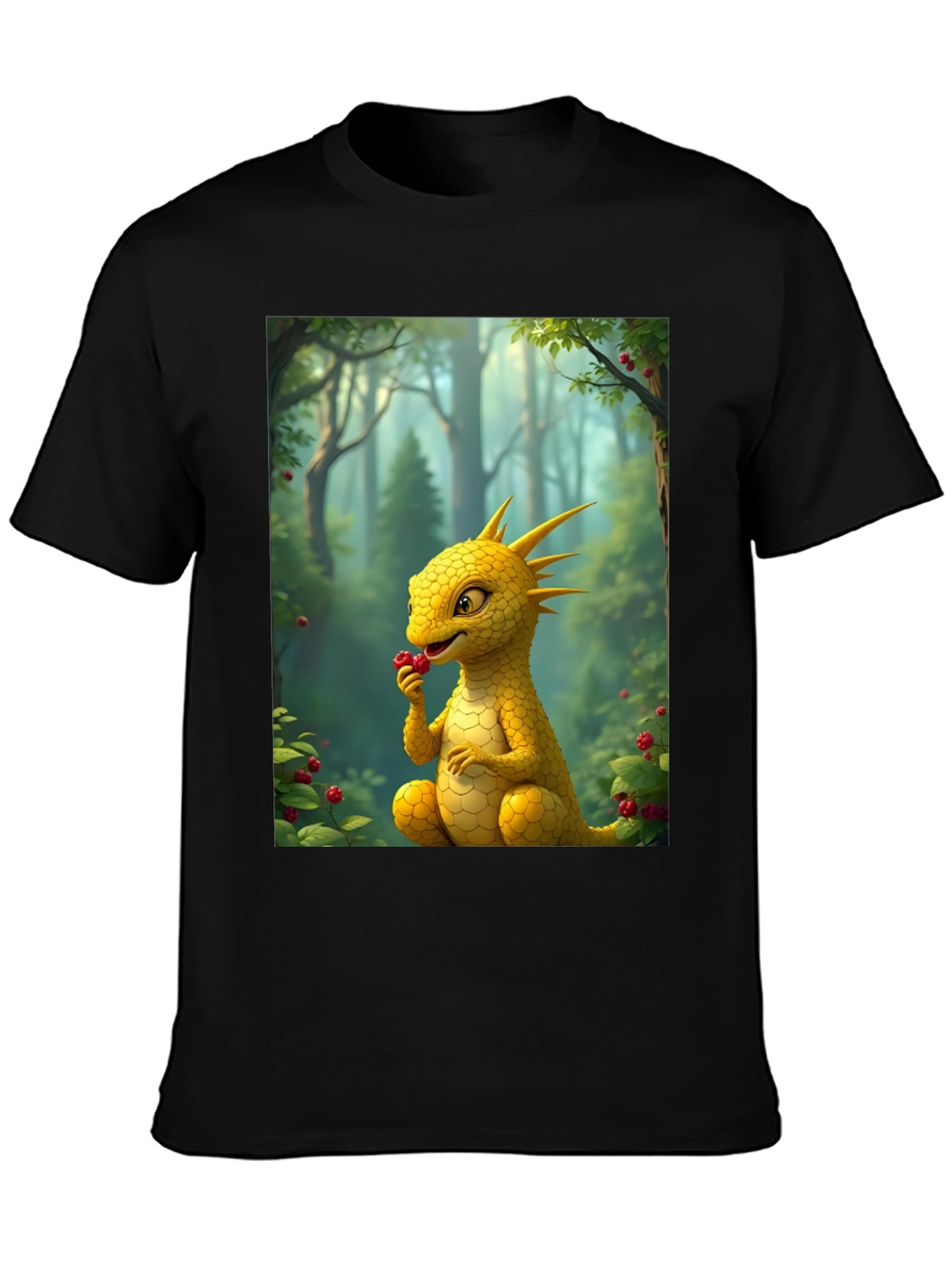Black Cute Dragon Eating Berries Graphic Tee view 3