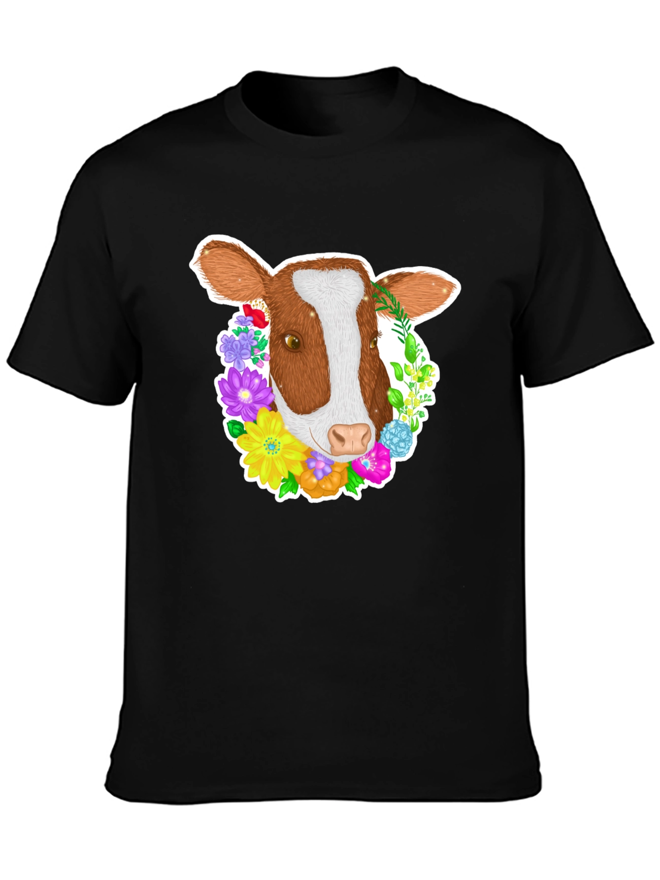 Black Floral Cow T-Shirt - Black Cotton Tee view 3