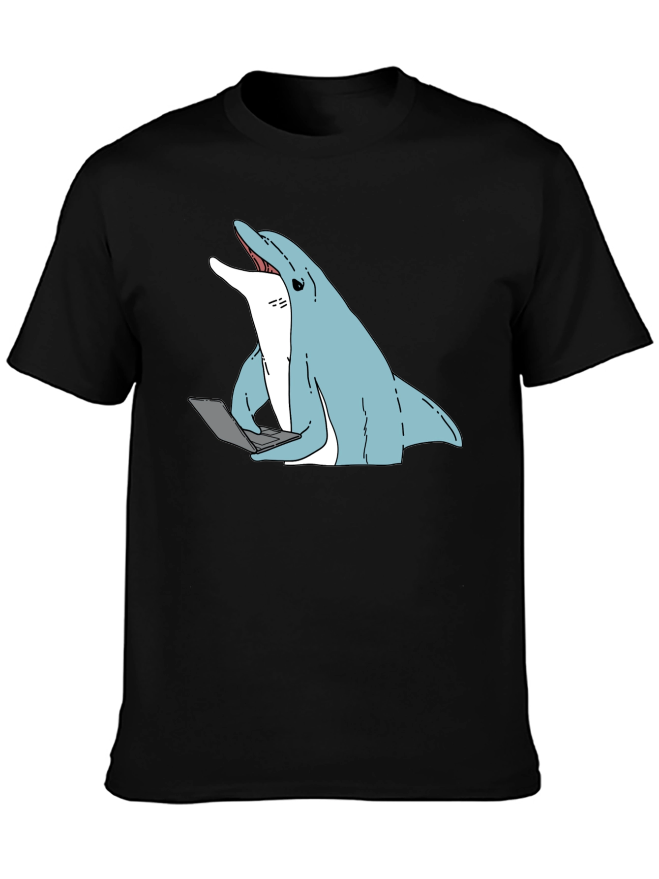 Black Dolphin Laptop Tee - Casual Cotton Blend T-Shirt view 3