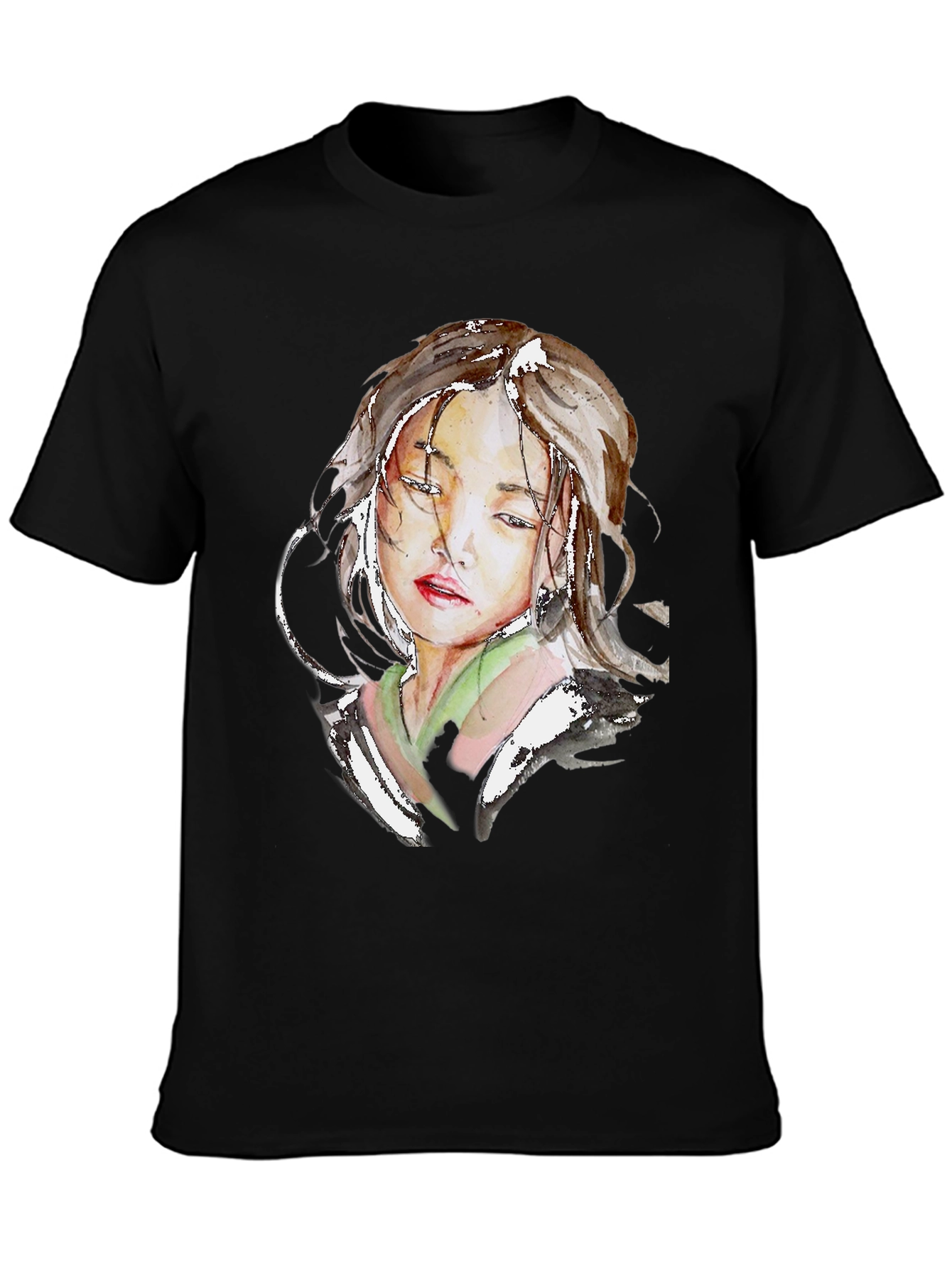Black Watercolor Portrait Graphic Black T-Shirt view 3
