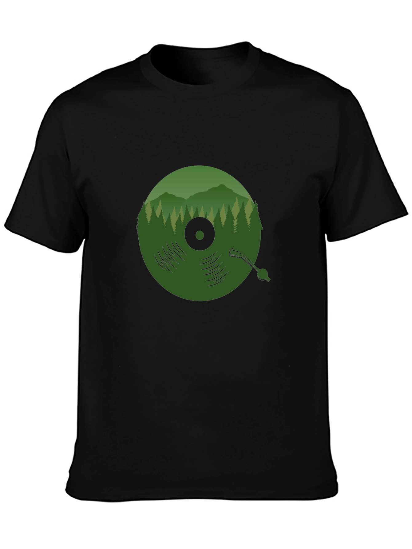 Black Green Vinyl Record Forest T-Shirt view 3