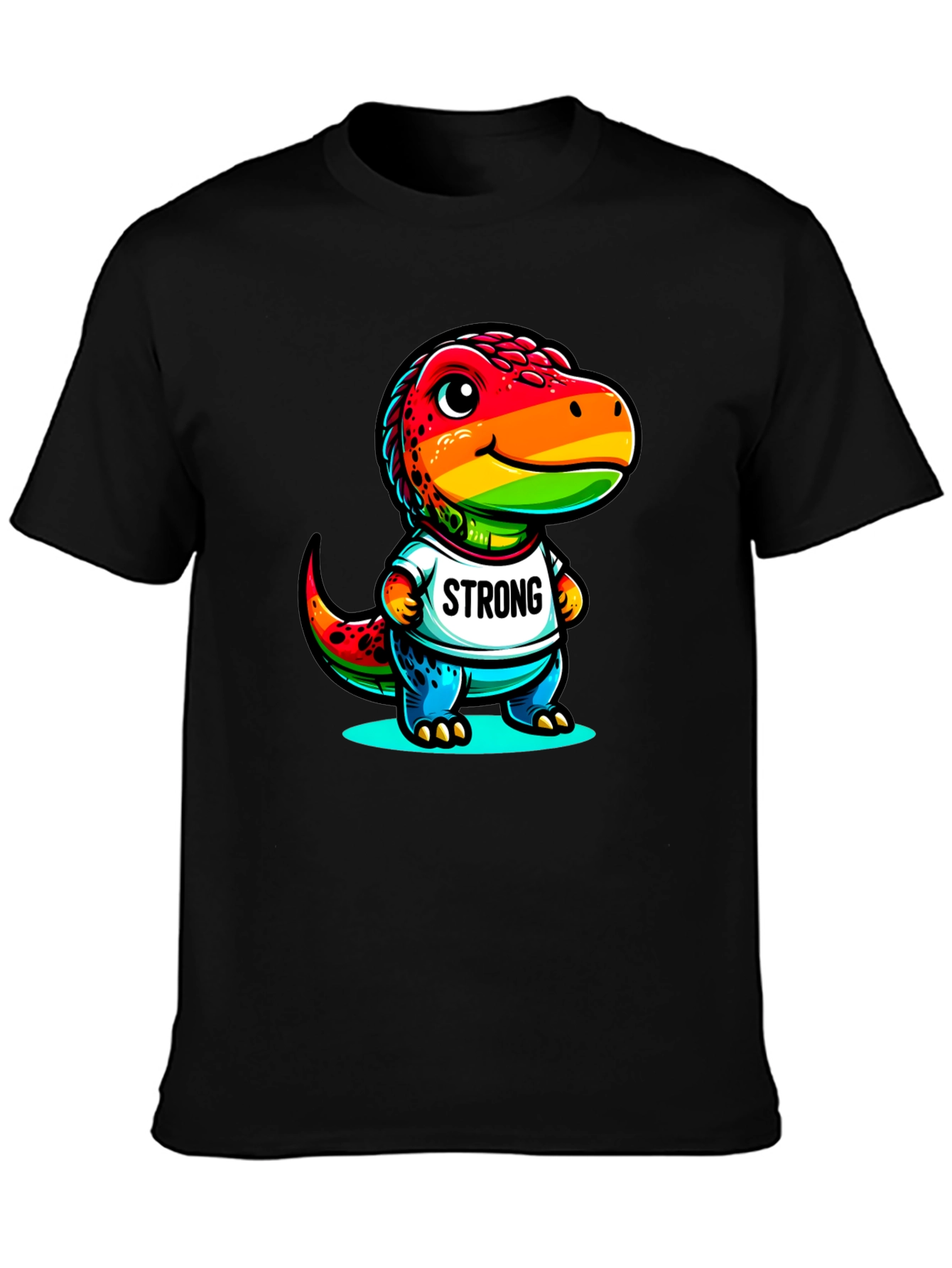 Black Rainbow Dinosaur Strong T-Shirt view 3