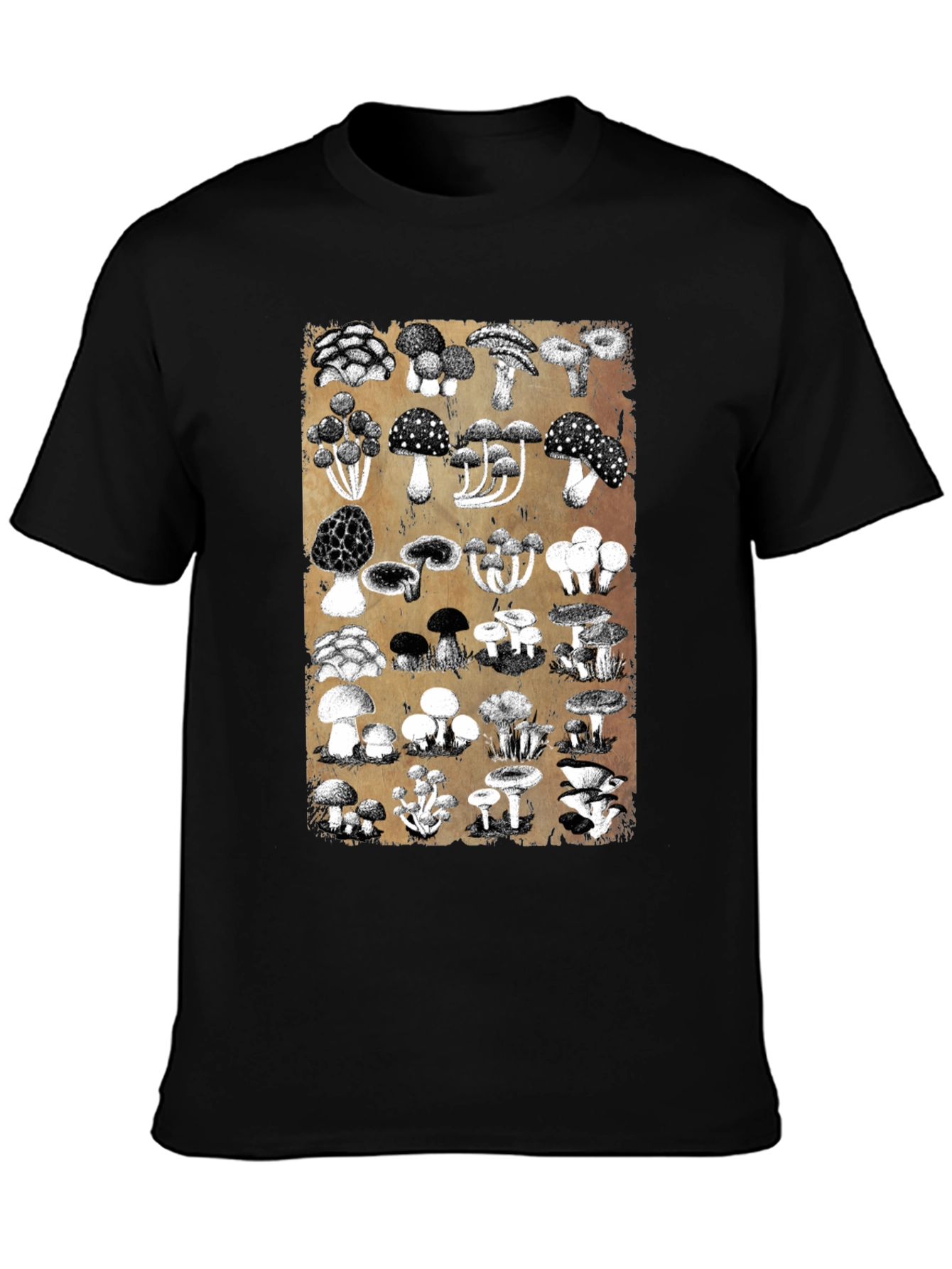 Black Mushroom Print Black T-Shirt - Nature Lover's Tee view 3