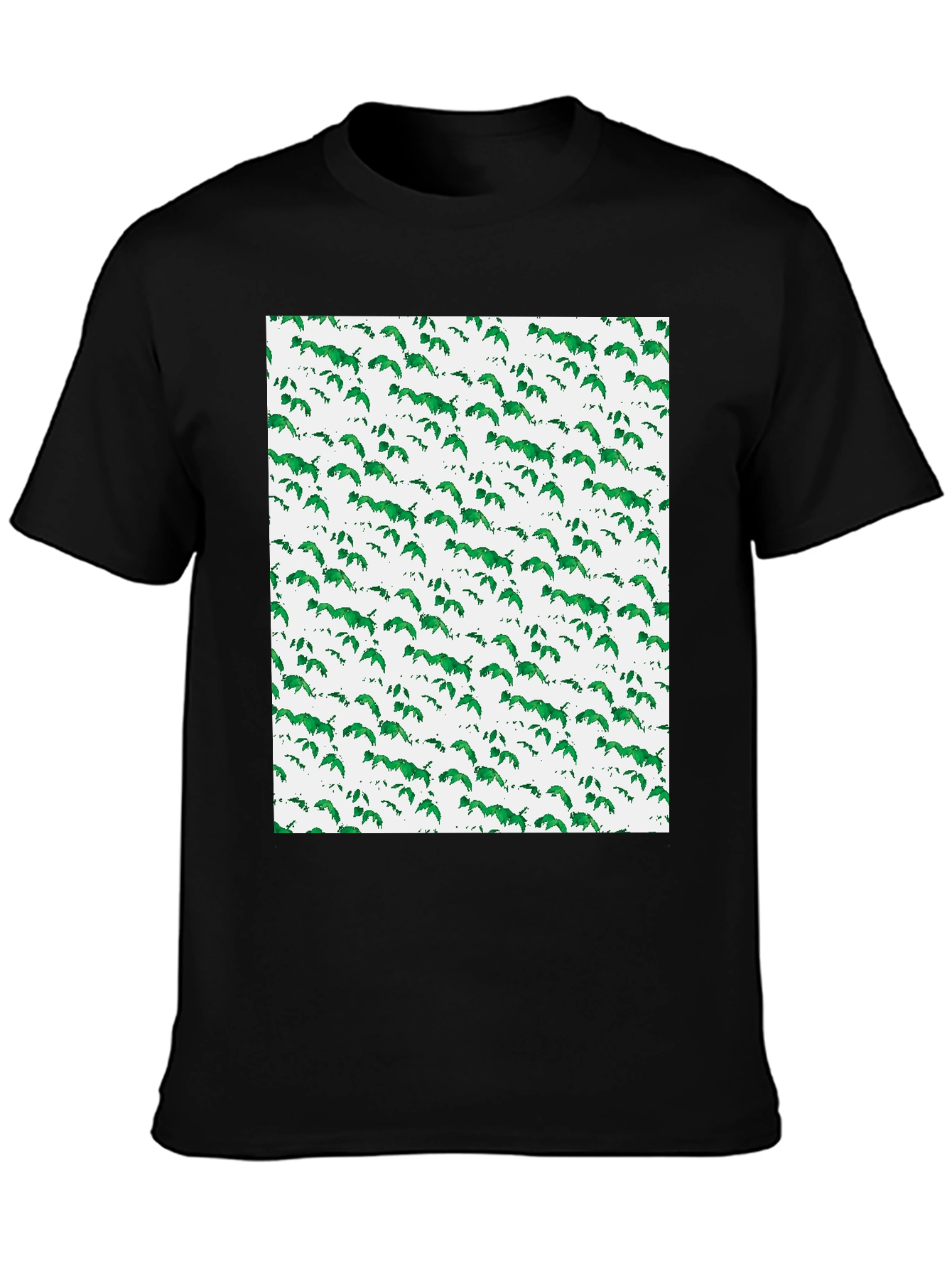 Black Green Leaf Pattern Black T-Shirt view 3