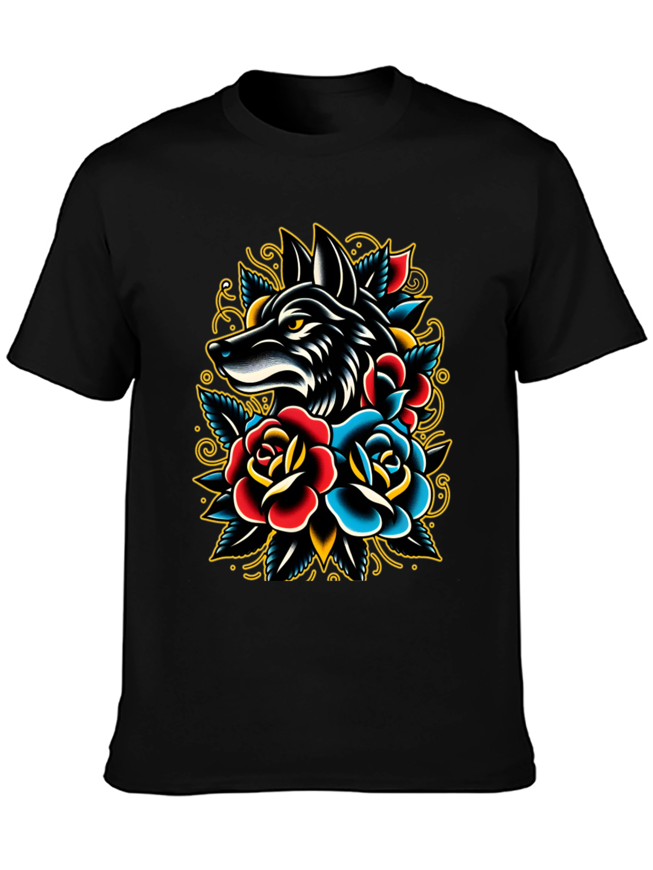 Black Wolf & Roses Graphic Tee - Classic Tattoo Style view 3