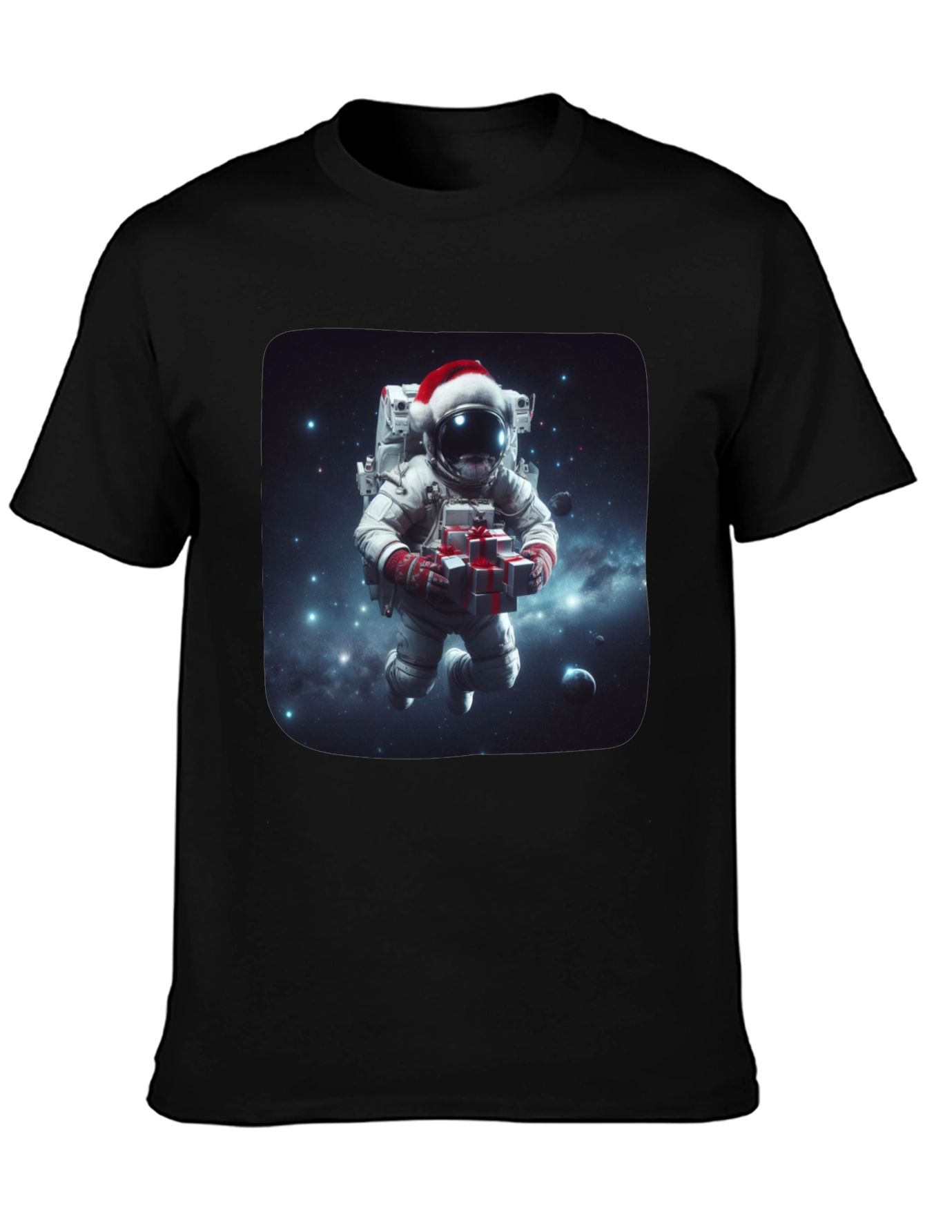 Black Festive Astronaut T-Shirt - Holiday Space Gift view 3