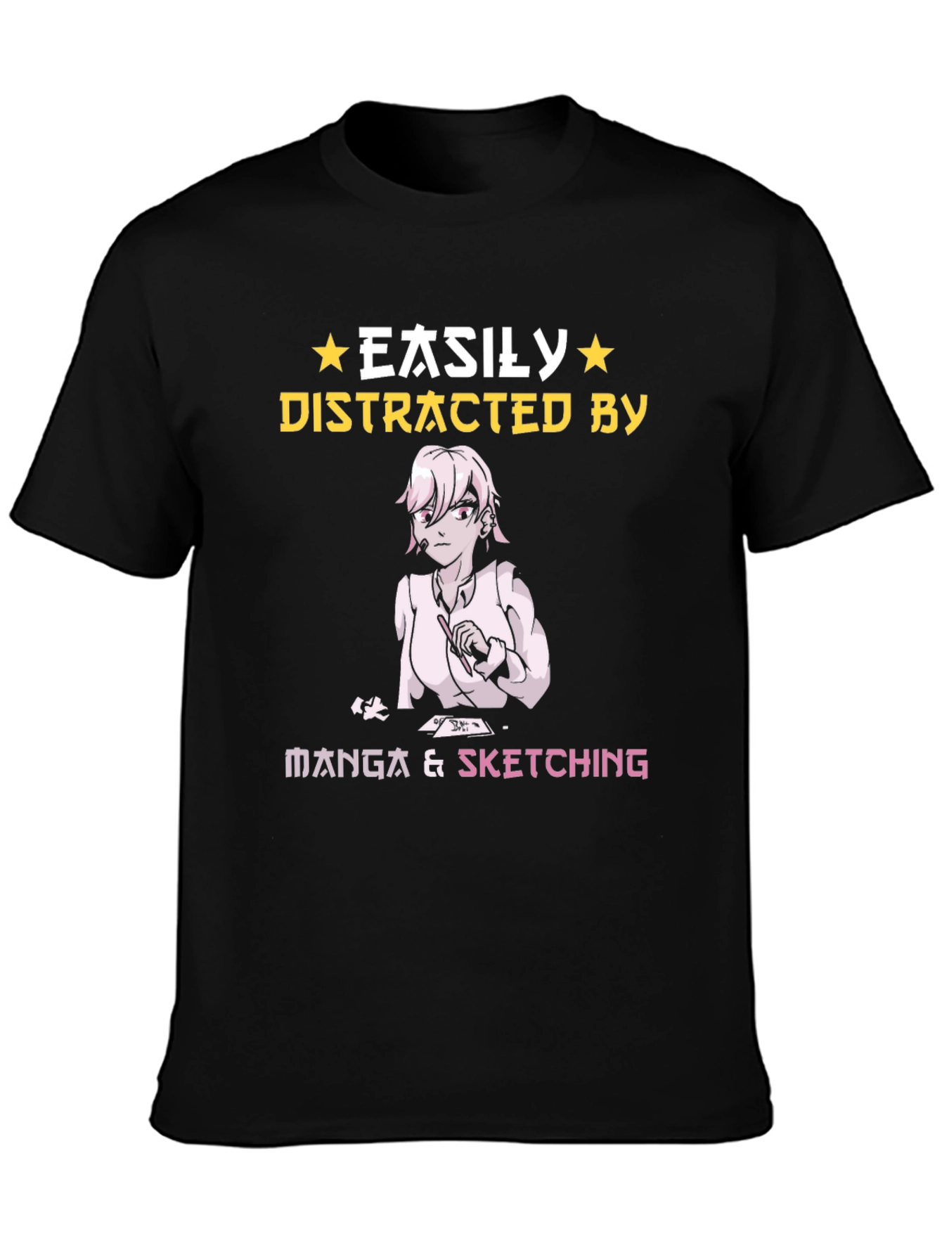 Black Easily Distracted by Manga & Sketching T-Shirt view 3