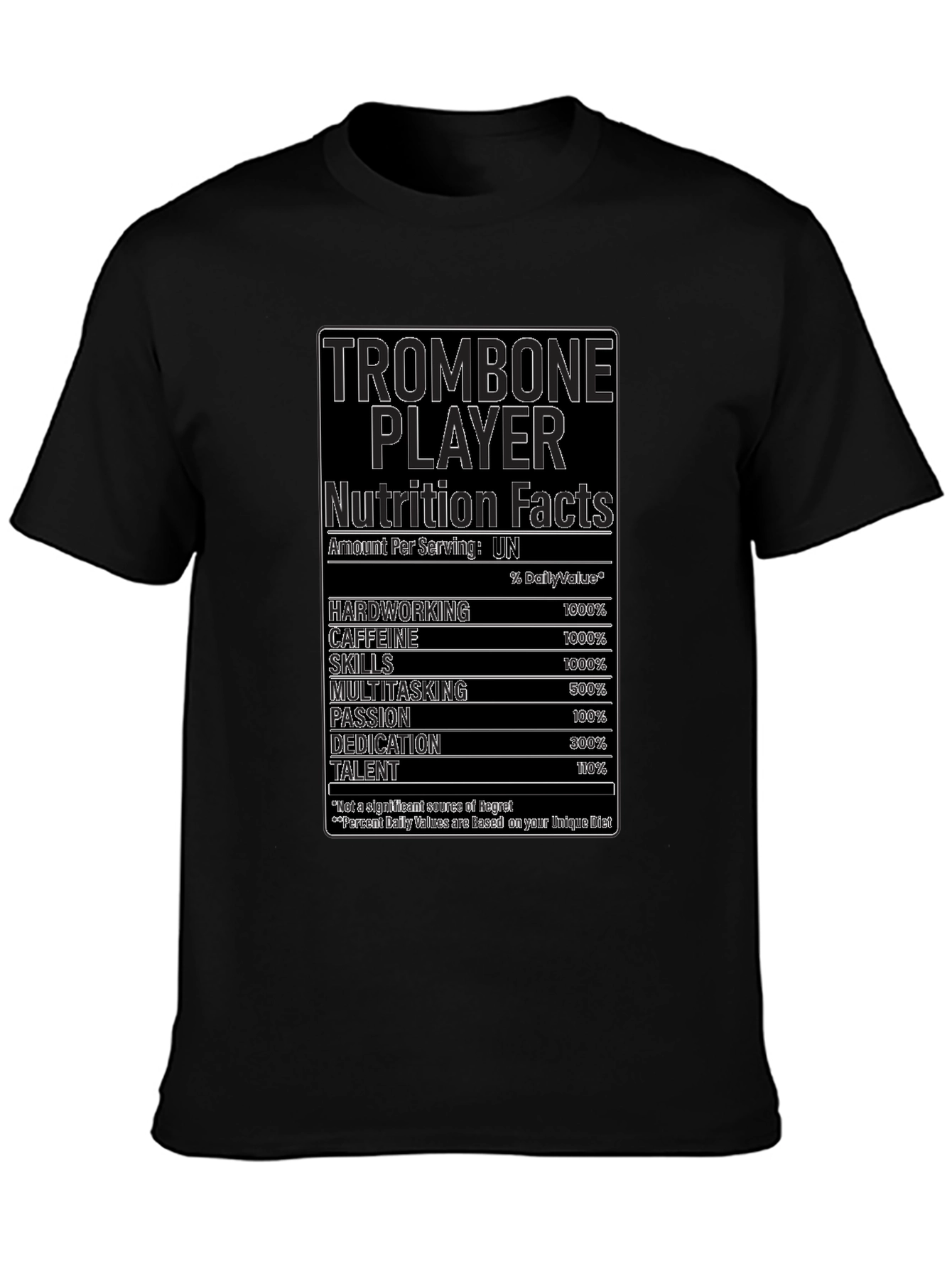 Black Trombone Player Nutrition Facts Black T-Shirt view 3