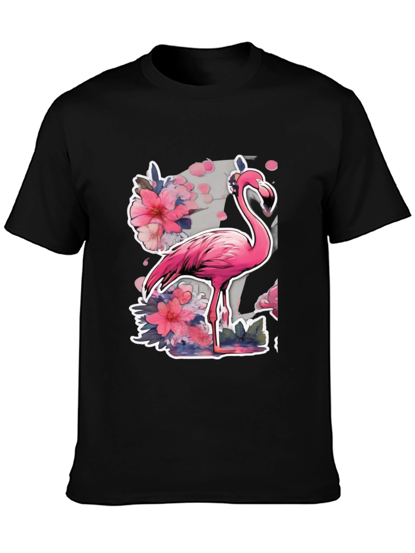 Black Stylish Flamingo Floral Graphic Tee - Black view 3