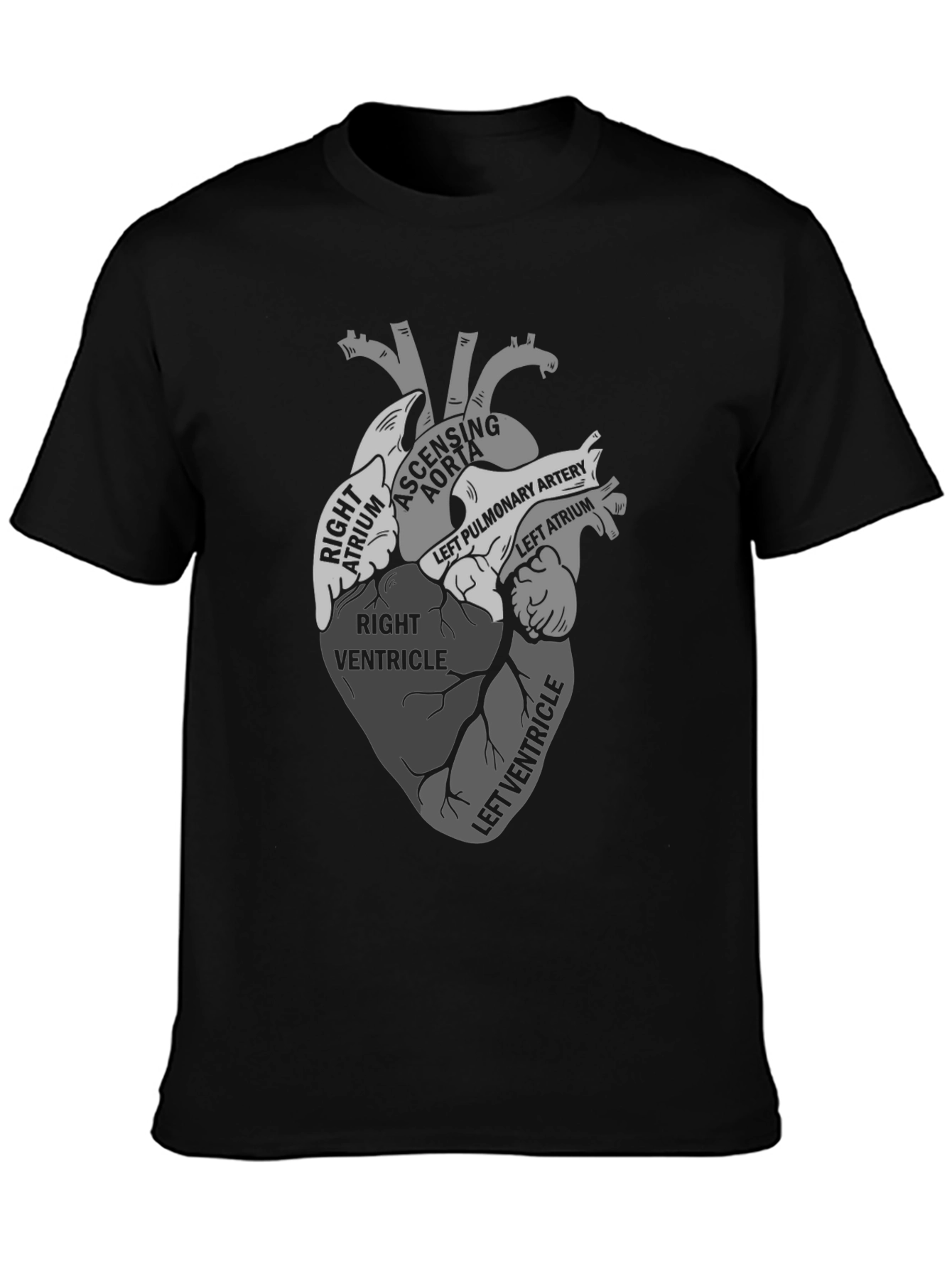 Black Anatomical Heart Diagram T-Shirt view 3