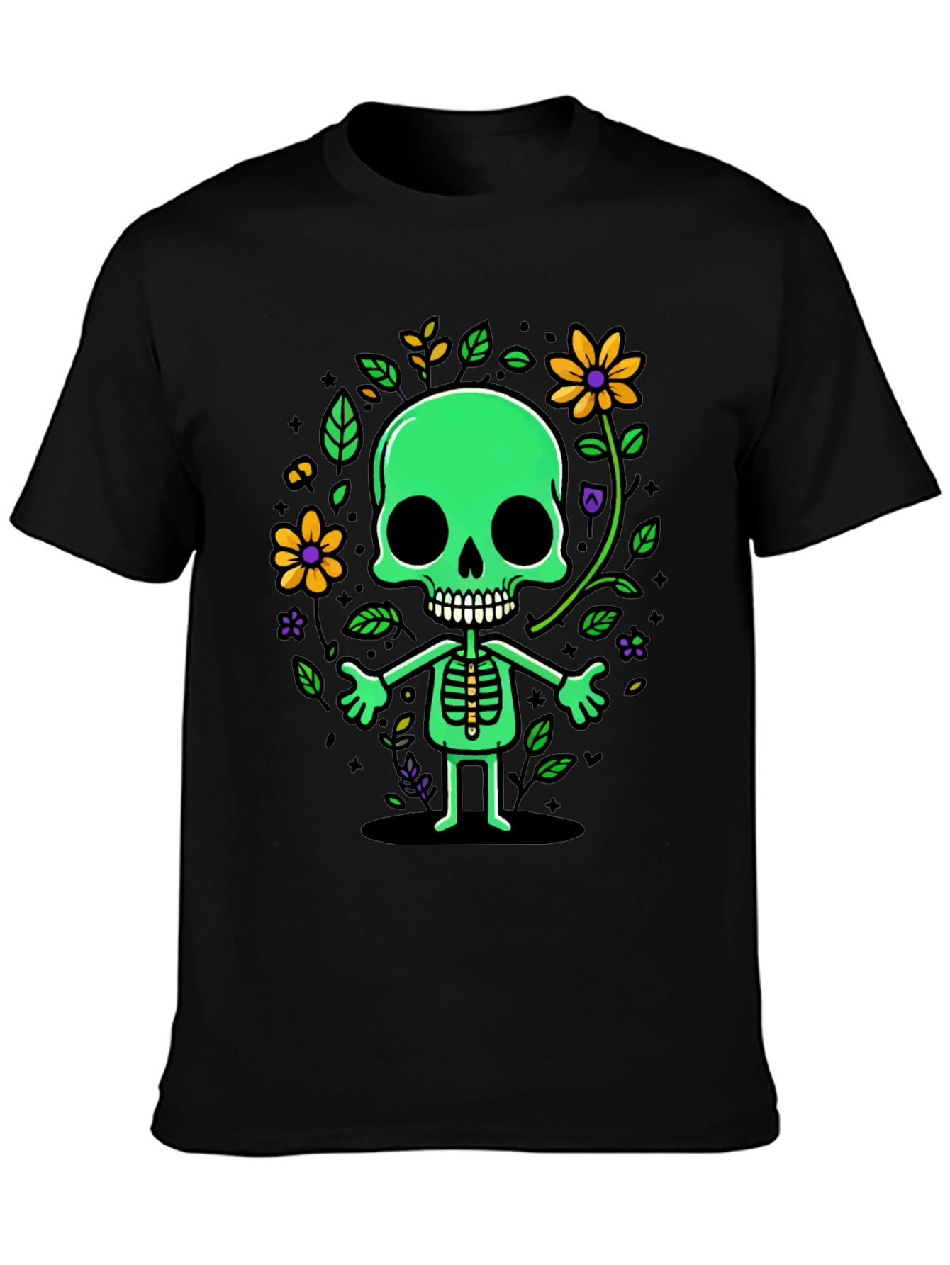 Black Green Floral Skeleton Graphic Tee view 3