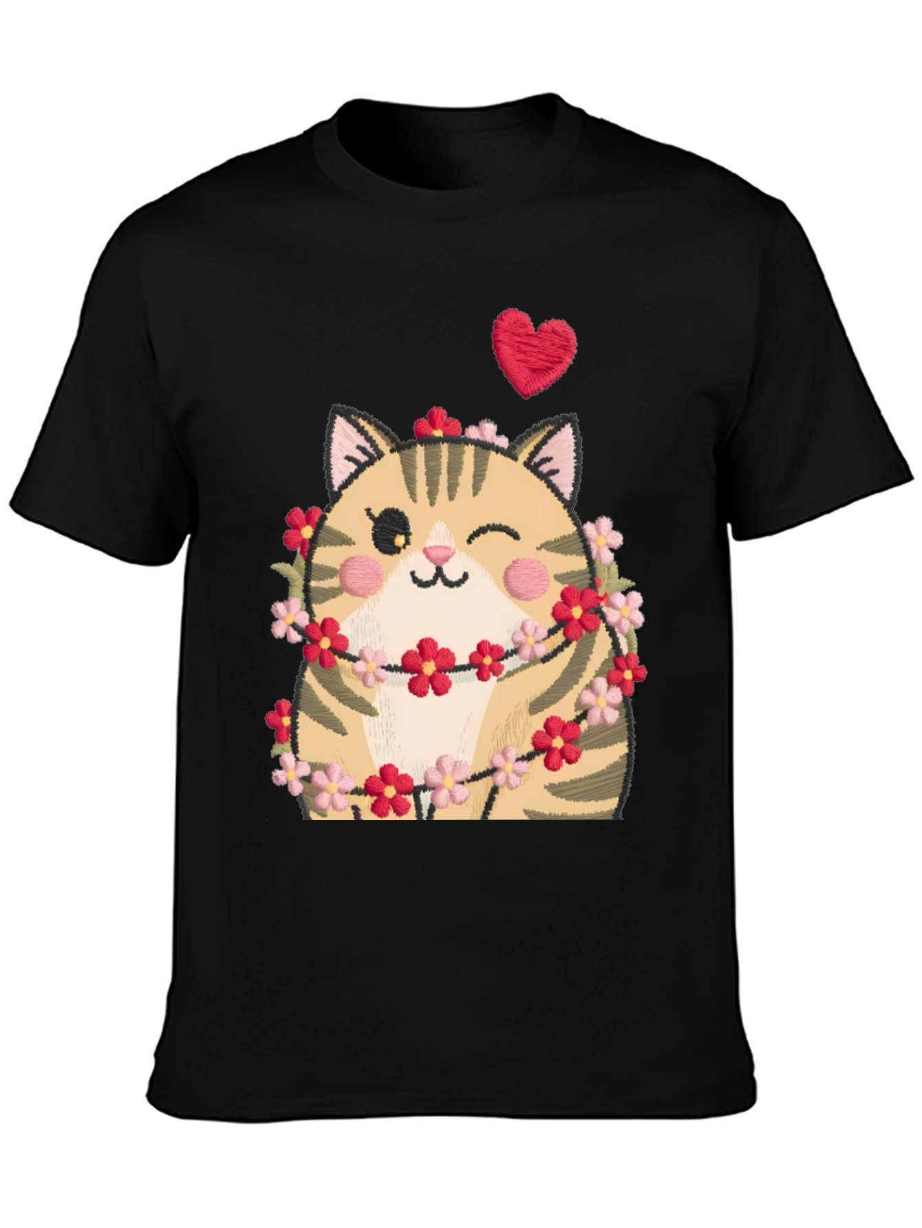 Black Cute Cat in Flowers Black T-Shirt view 3