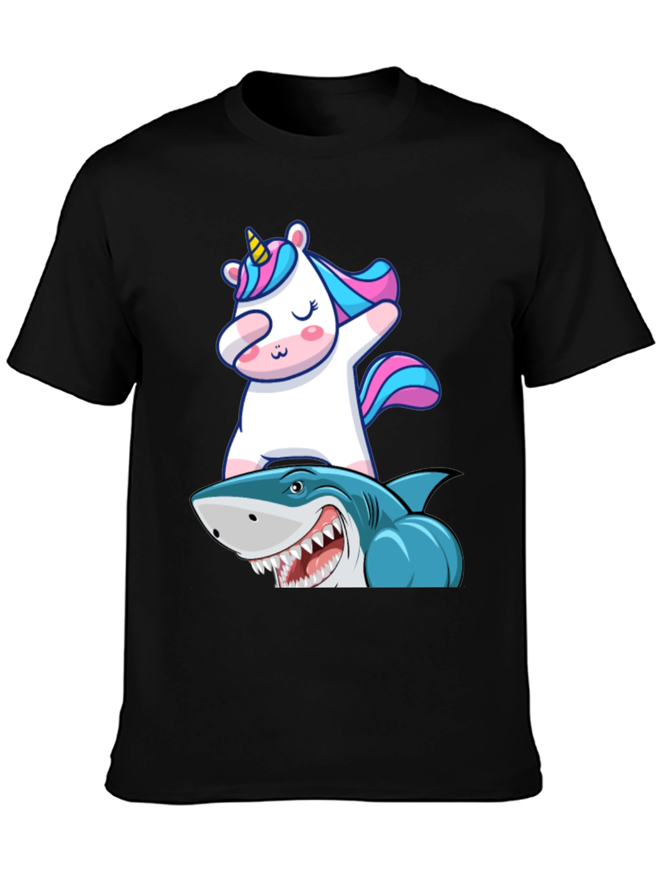 Black Unicorn Dabbing on Shark Graphic Tee view 3