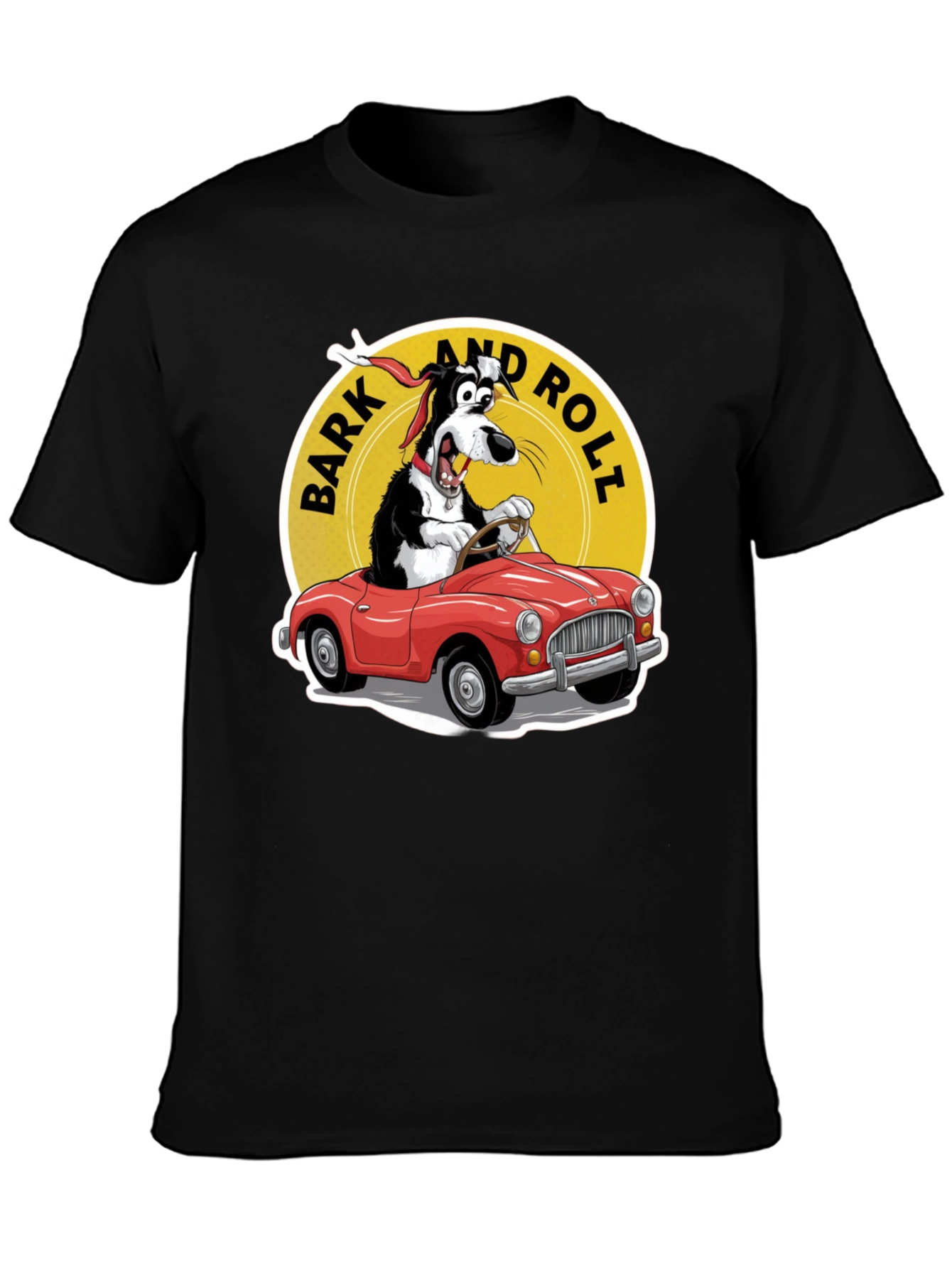 Black Bark and Roll T-Shirt - Dog Driving Car view 3