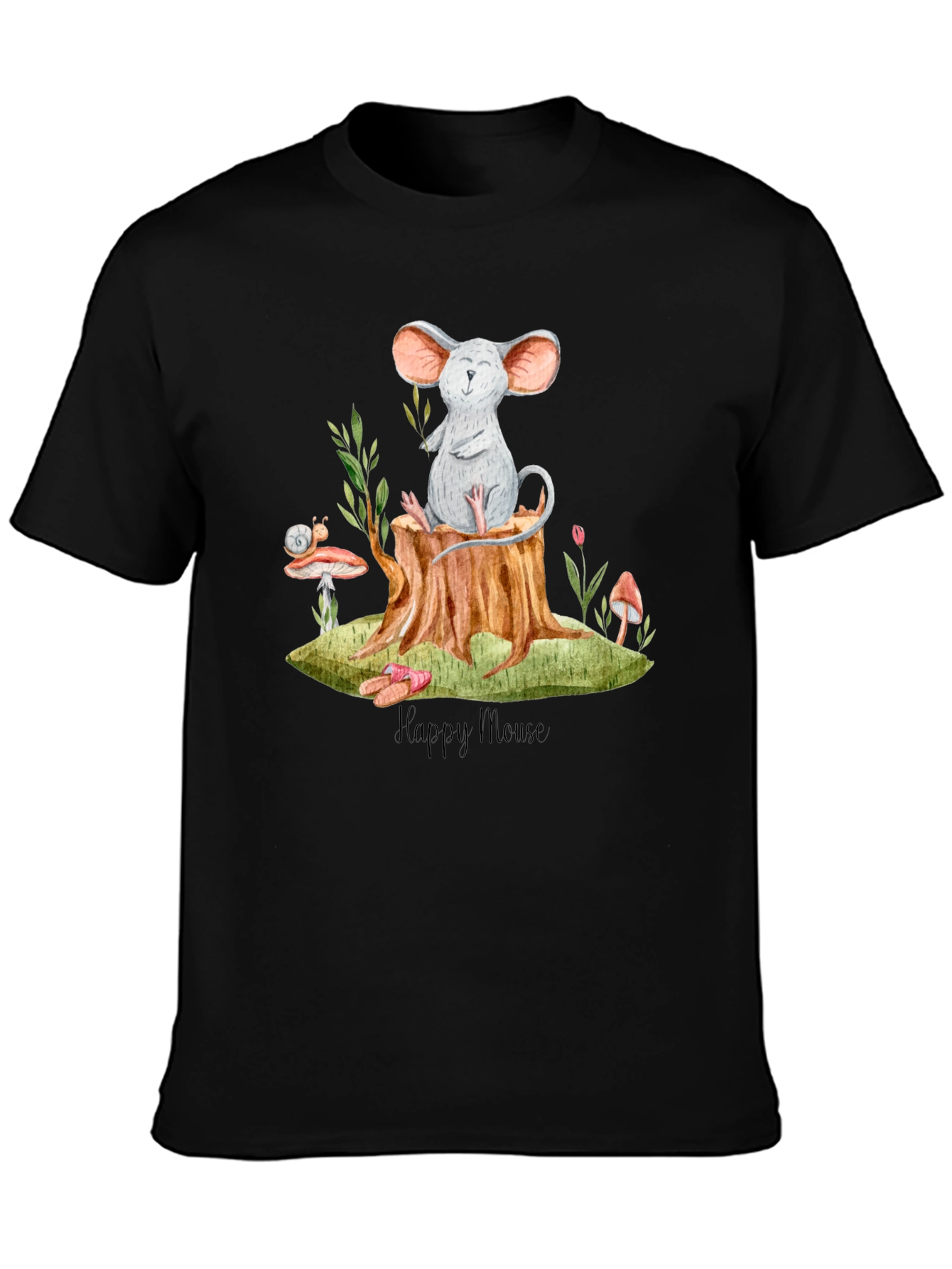 Black Happy Mouse Graphic Tee - Black Cotton T-Shirt view 3