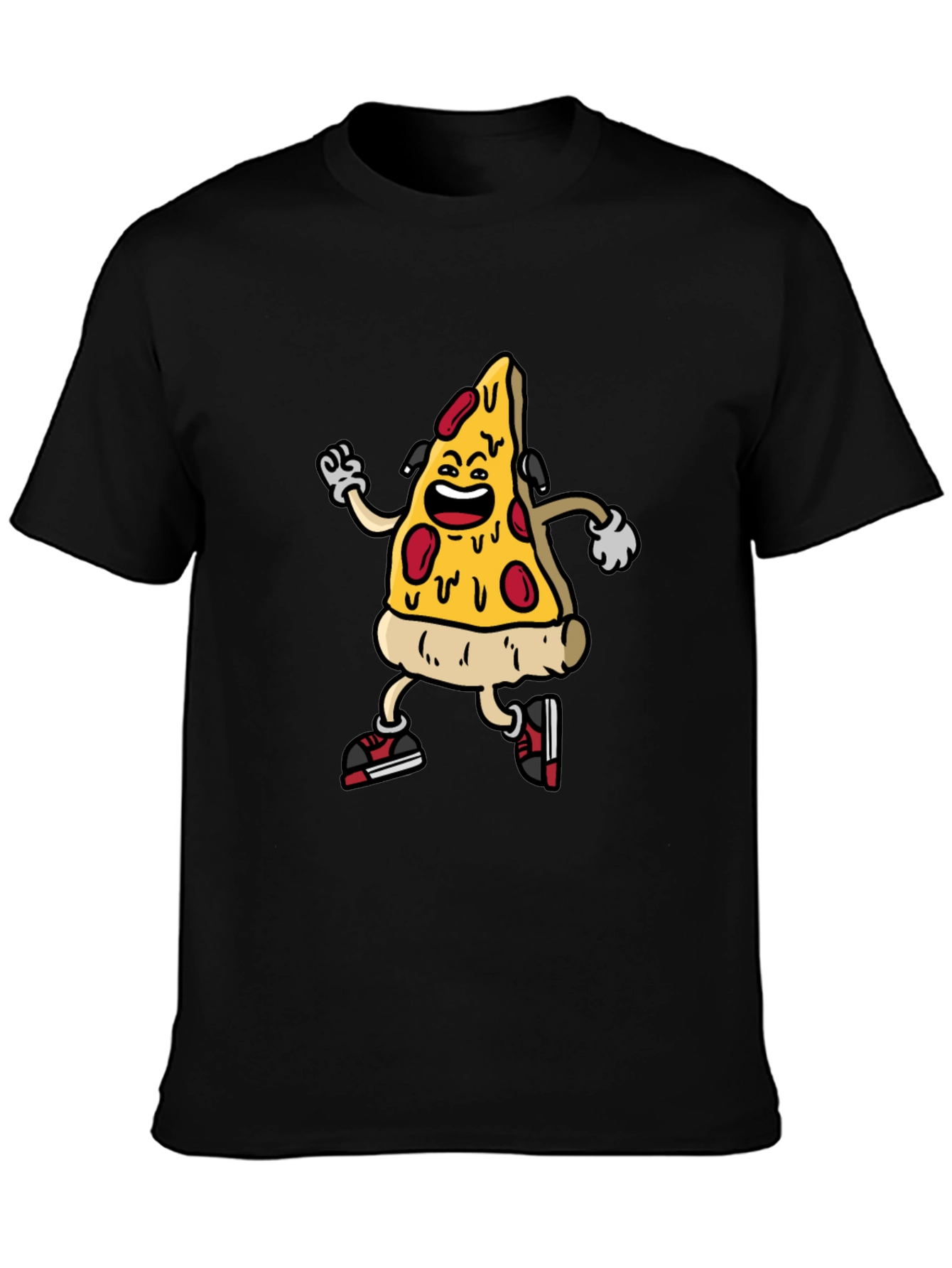 Black Cartoon Pizza Slice Graphic Tee - Black Cotton Blend Shirt view 3