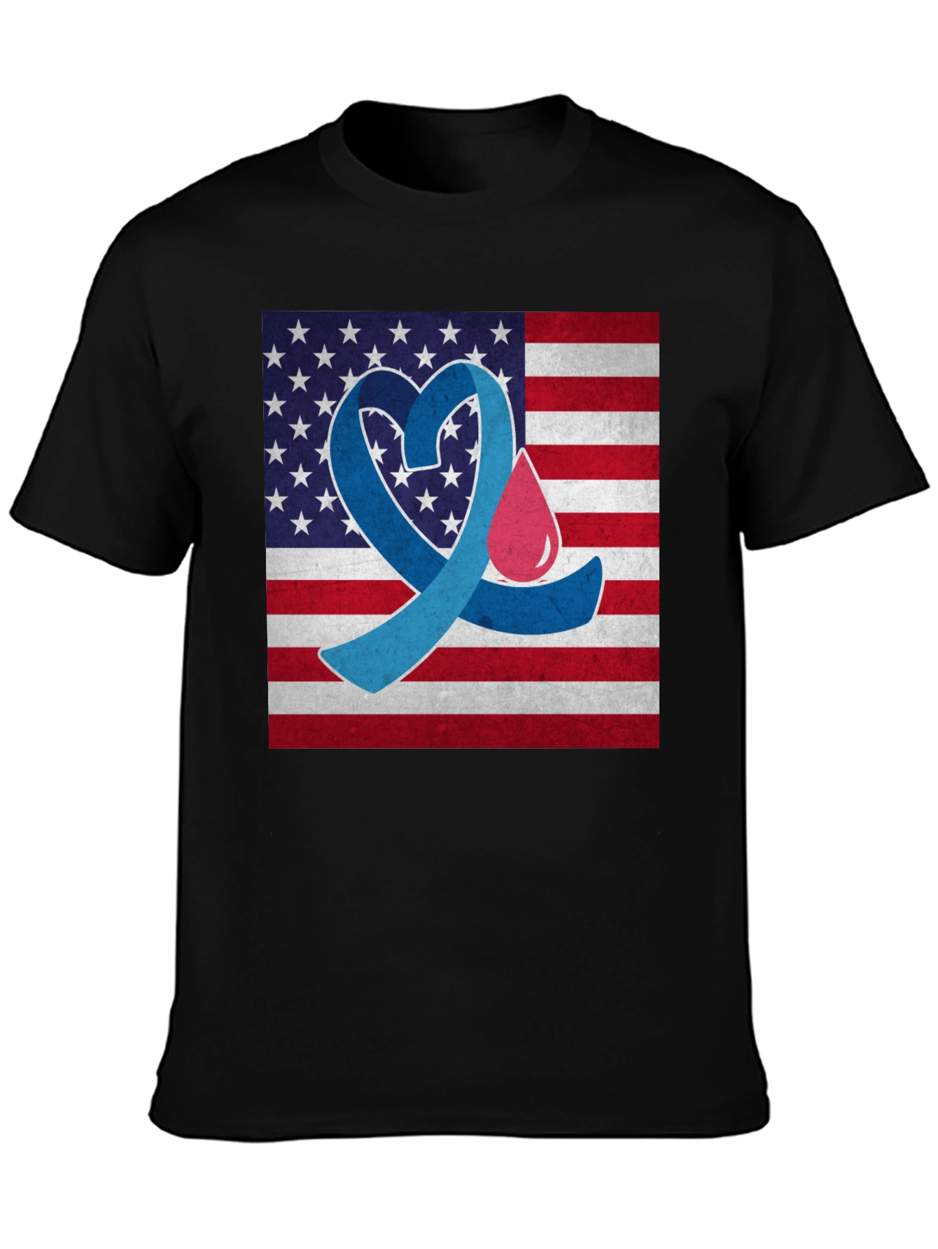 Black Diabetes Awareness USA Flag Heart T-Shirt view 3