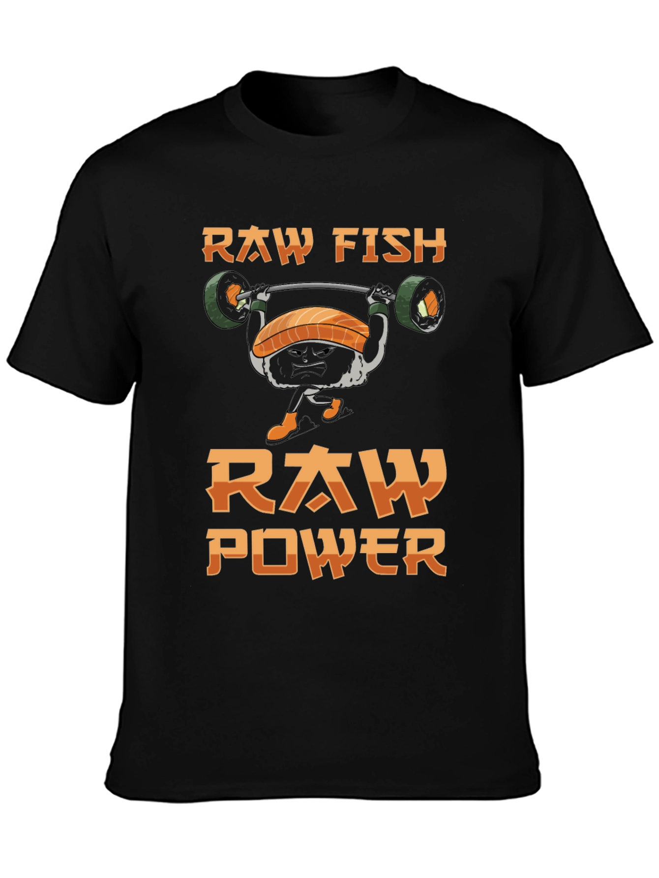 Black Raw Fish Raw Power T-Shirt - Weightlifting Sushi Tee view 3
