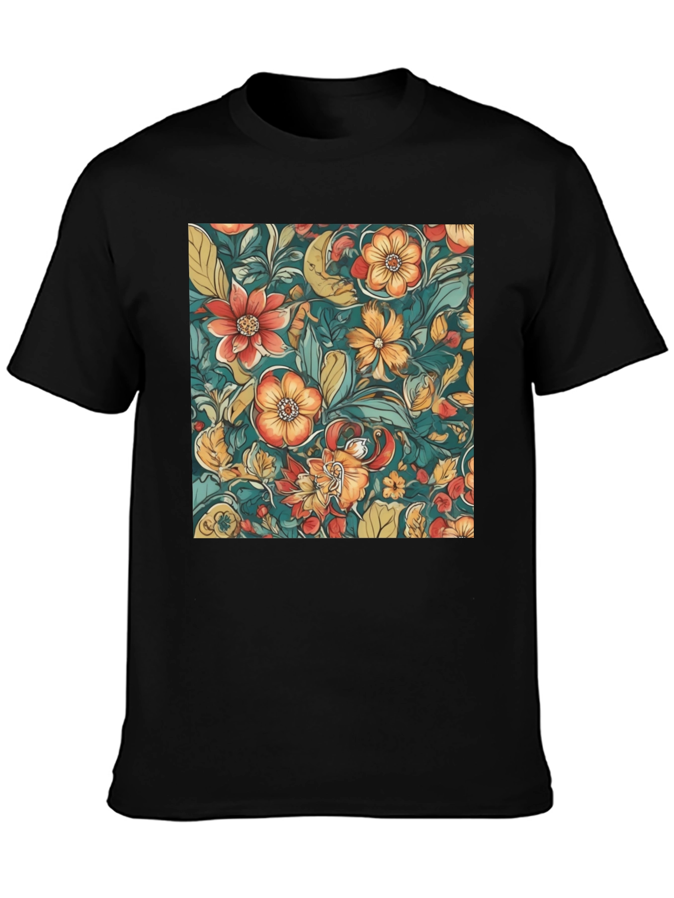Black Floral Pattern Black T-Shirt view 3
