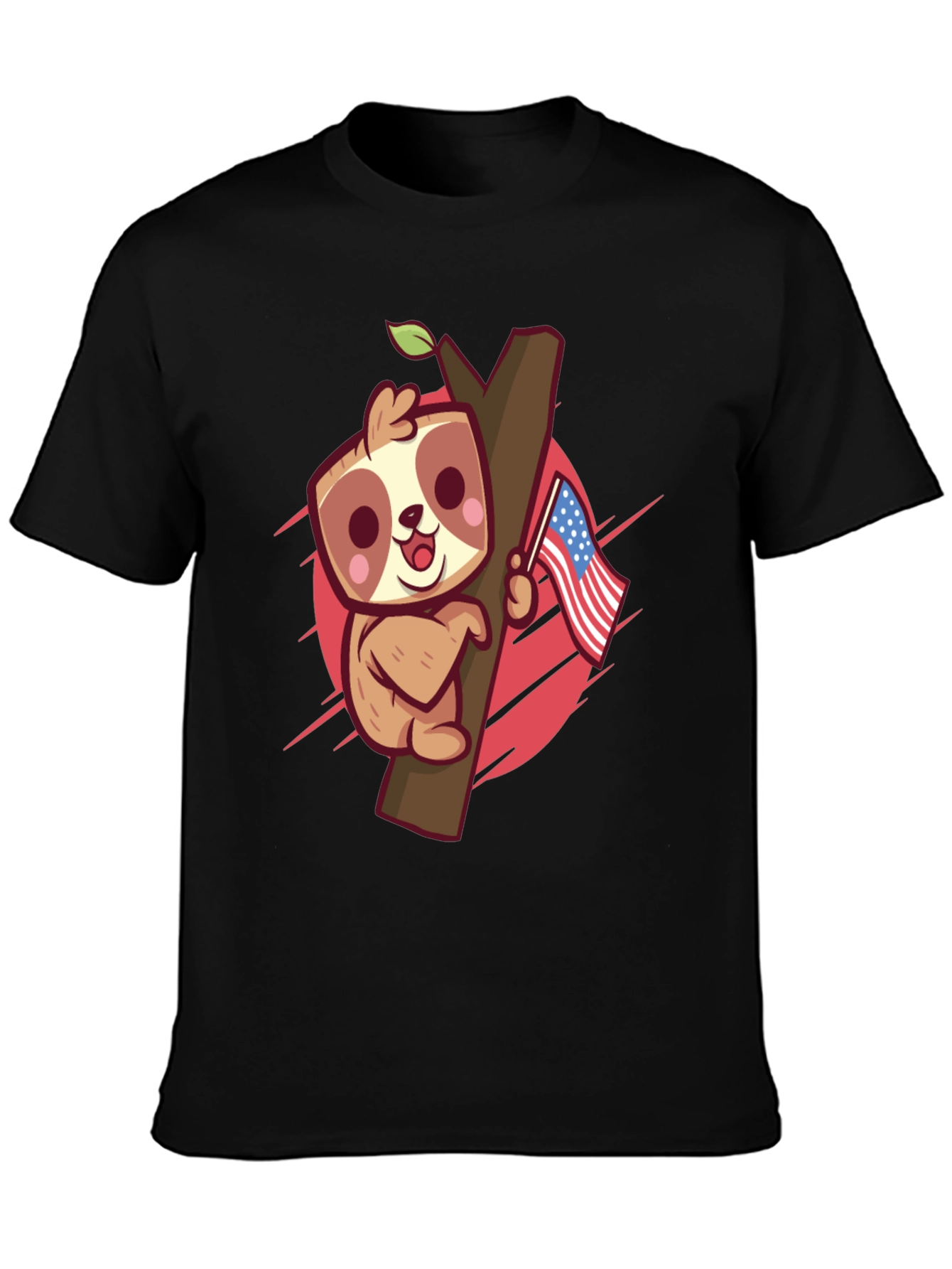 Black Cute Sloth Holding US Flag Graphic Tee view 3