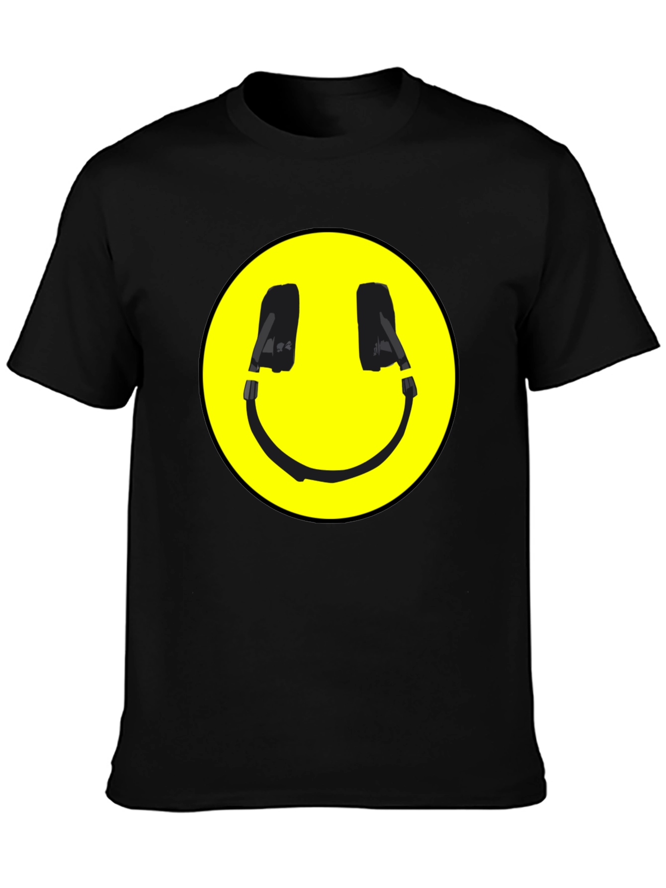 Black Smiley Face Headphone Graphic Black T-Shirt view 3