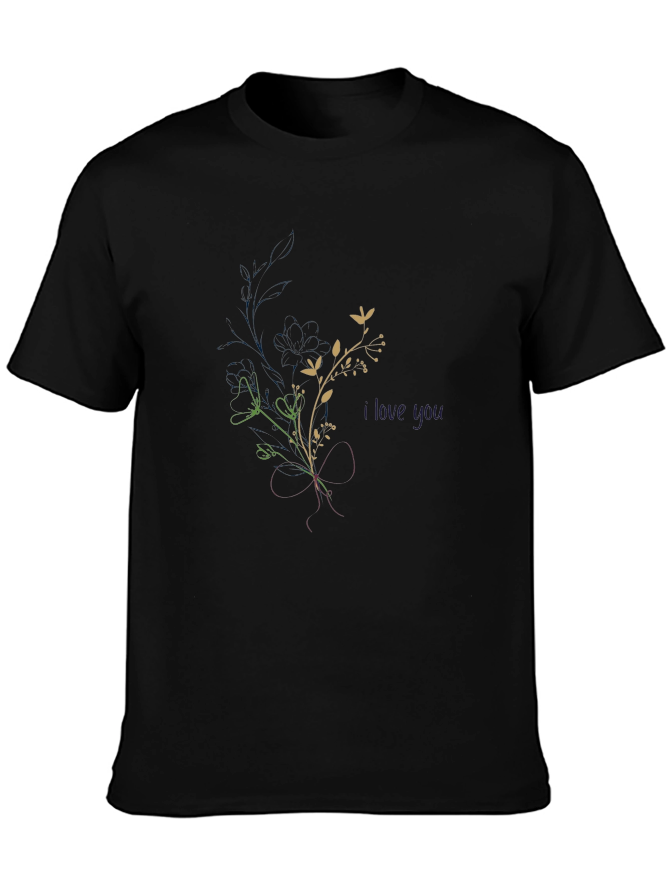 Black Floral Graphic Black T-Shirt - I Love You Design view 3