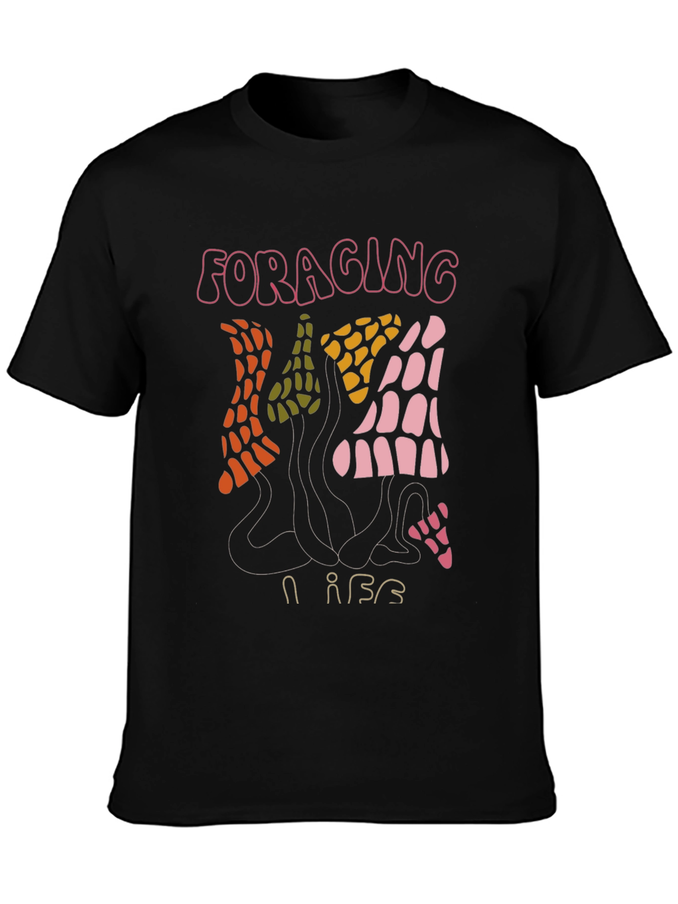 Black Foraging Vibes T-Shirt - Unique Mushroom Design view 3