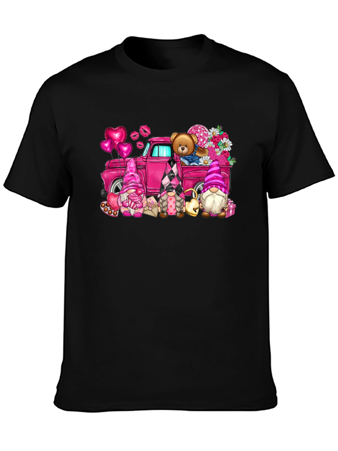 Black Valentine's Day Gnomes Truck T-Shirt view 3